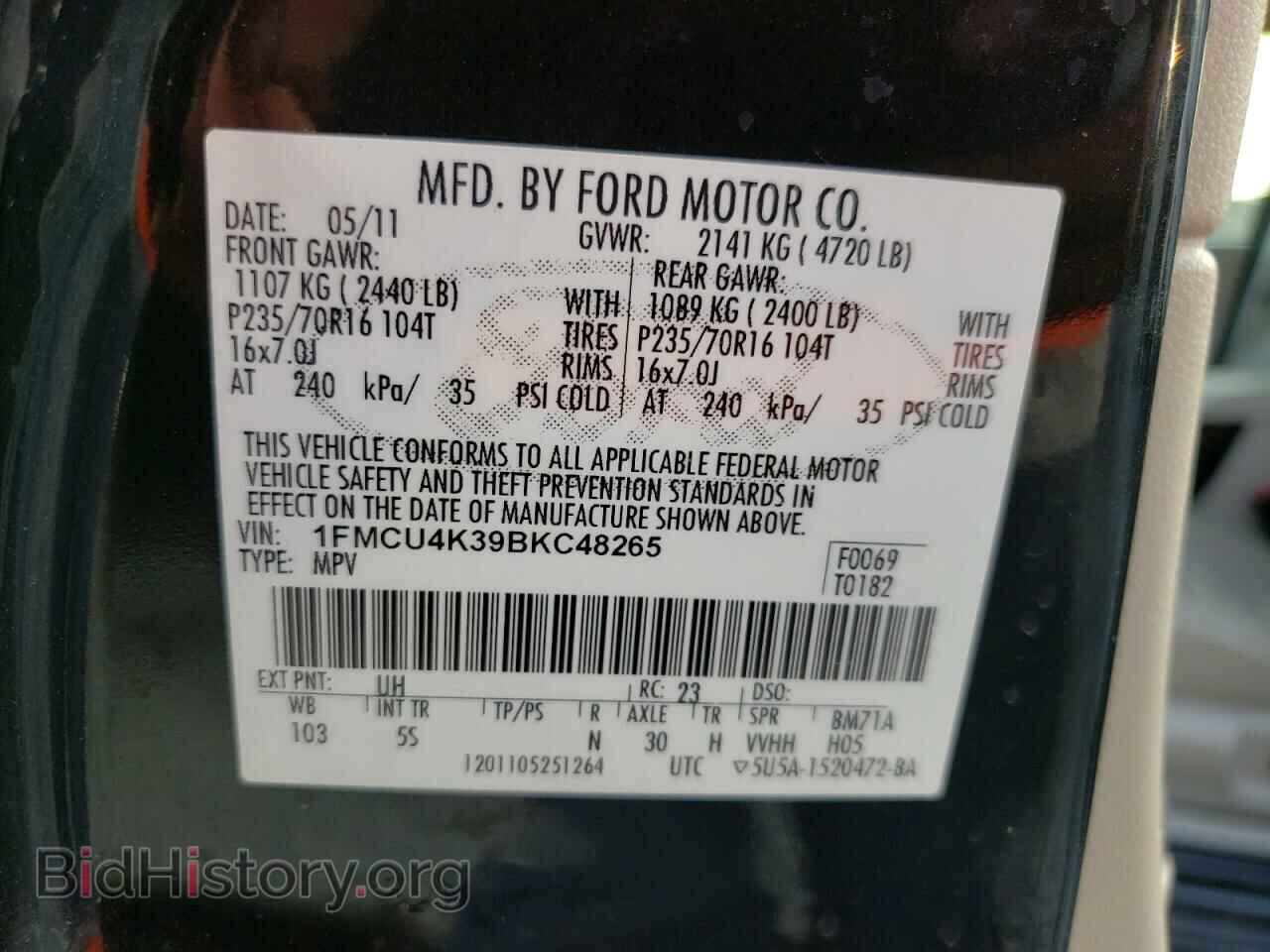 2011 FORD ESCAPE - VIN: 1FMCU4K39BKC48265 - Фото 10