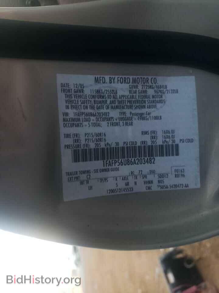 2006 FORD TAURUS - VIN: 1FAFP56U86A203482 - Фото 10