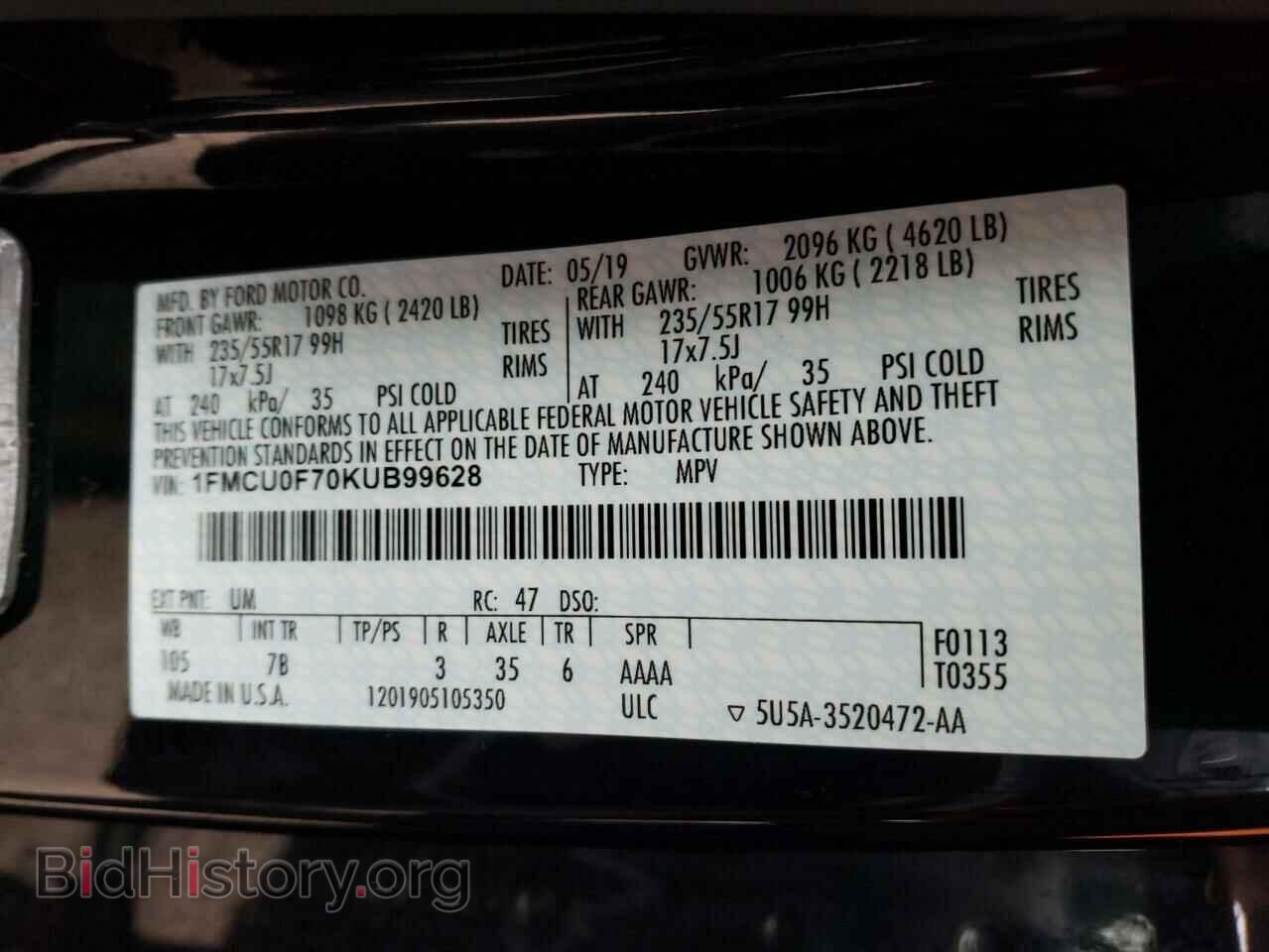 2019 FORD ESCAPE - VIN: 1FMCU0F70KUB99628 - Фото 10