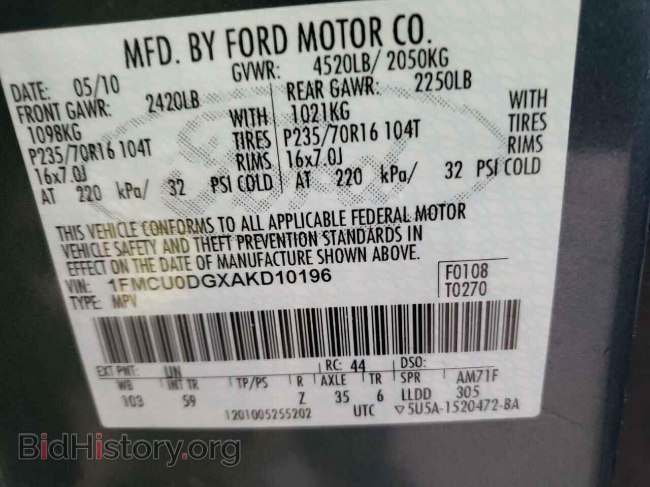 2010 FORD ESCAPE - VIN: 1FMCU0DGXAKD10196 - Фото 10