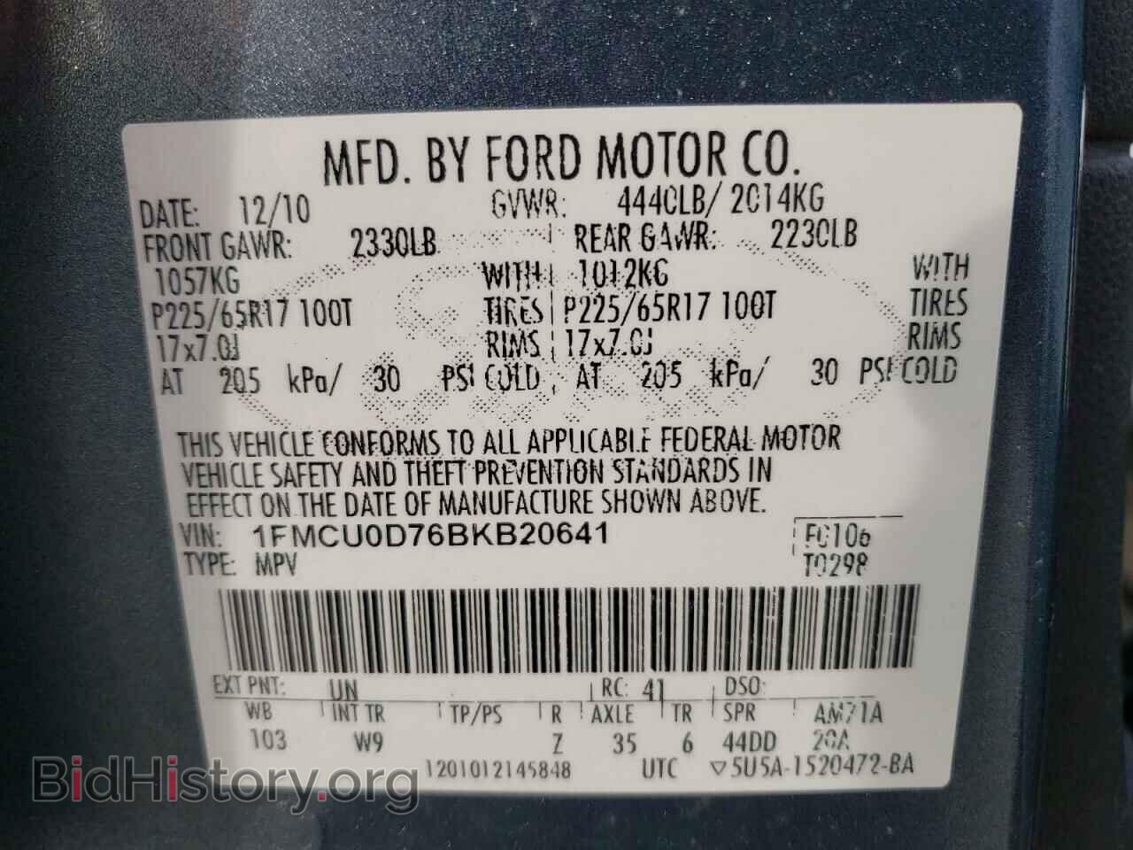 2011 FORD ESCAPE - VIN: 1FMCU0D76BKB20641 - Фото 10