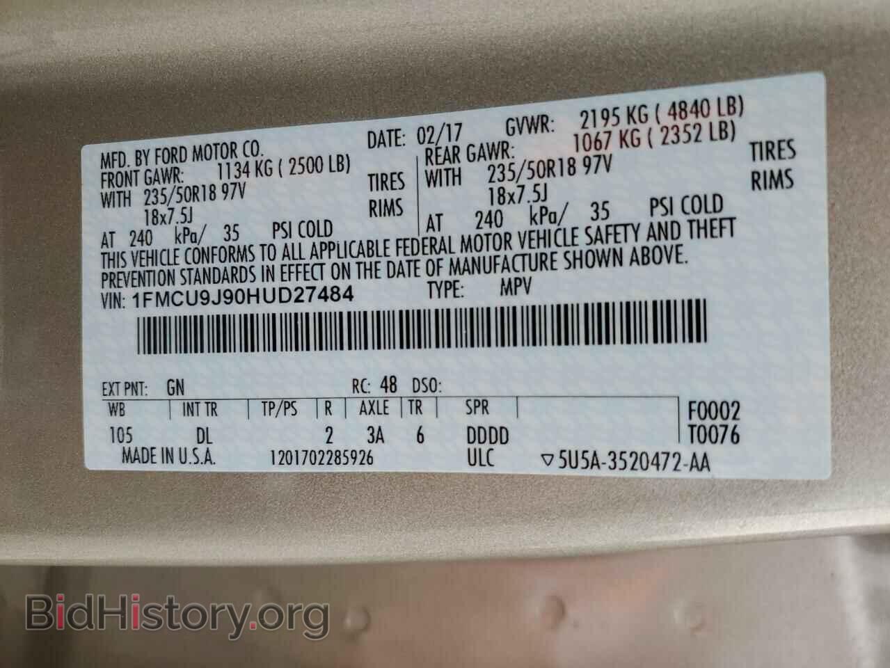 2017 FORD ESCAPE - VIN: 1FMCU9J90HUD27484 - Фото 14