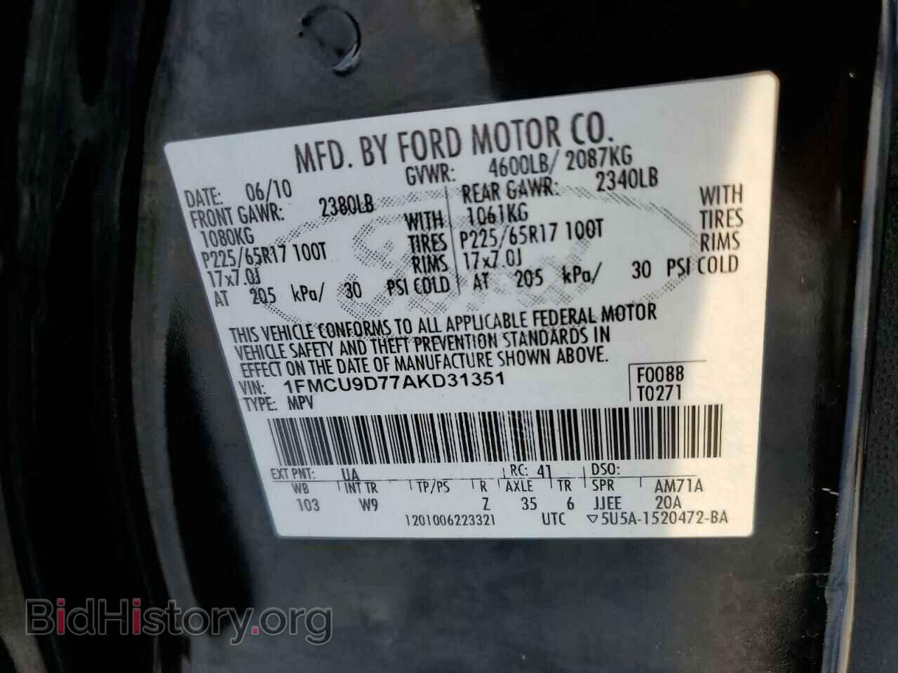 2010 FORD ESCAPE - VIN: 1FMCU9D77AKD31351 - Фото 13