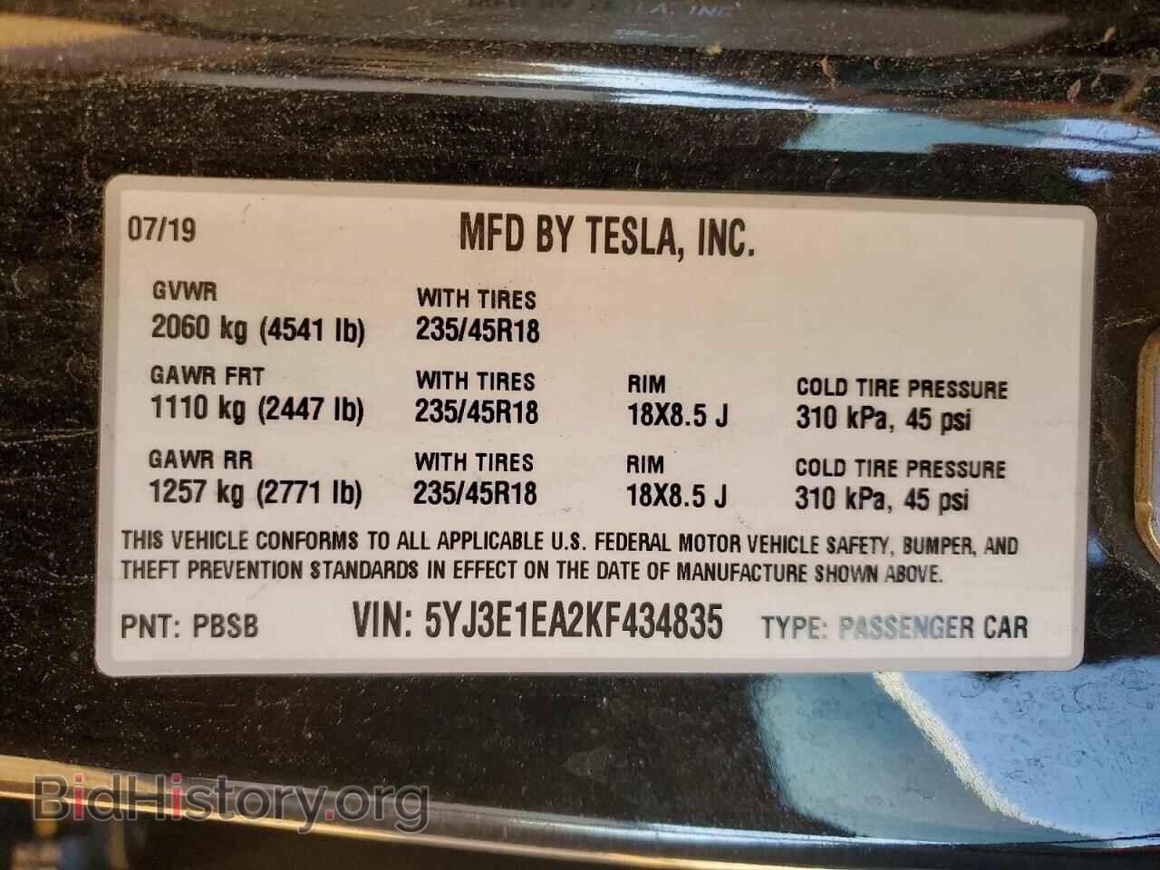 2019 TESLA MODEL 3 - VIN: 5YJ3E1EA2KF434835 - Photo 12