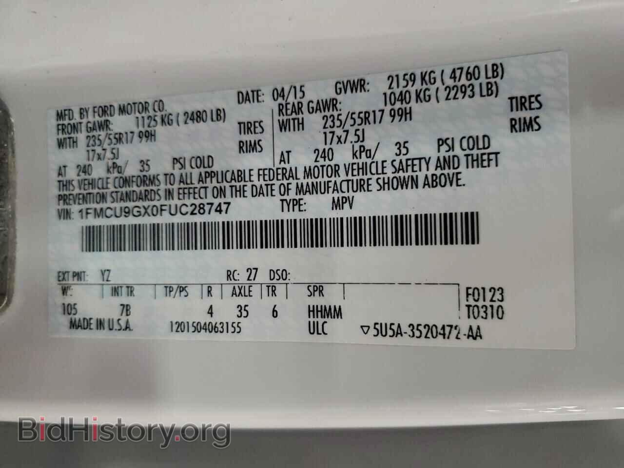 2015 FORD ESCAPE - VIN: 1FMCU9GX0FUC28747 - Фото 13