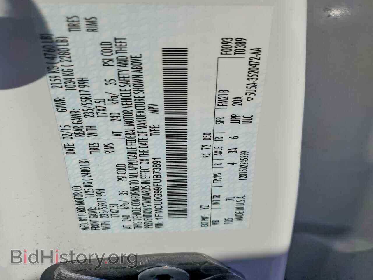 2015 FORD ESCAPE - VIN: 1FMCU0G99FUB73891 - Фото 13