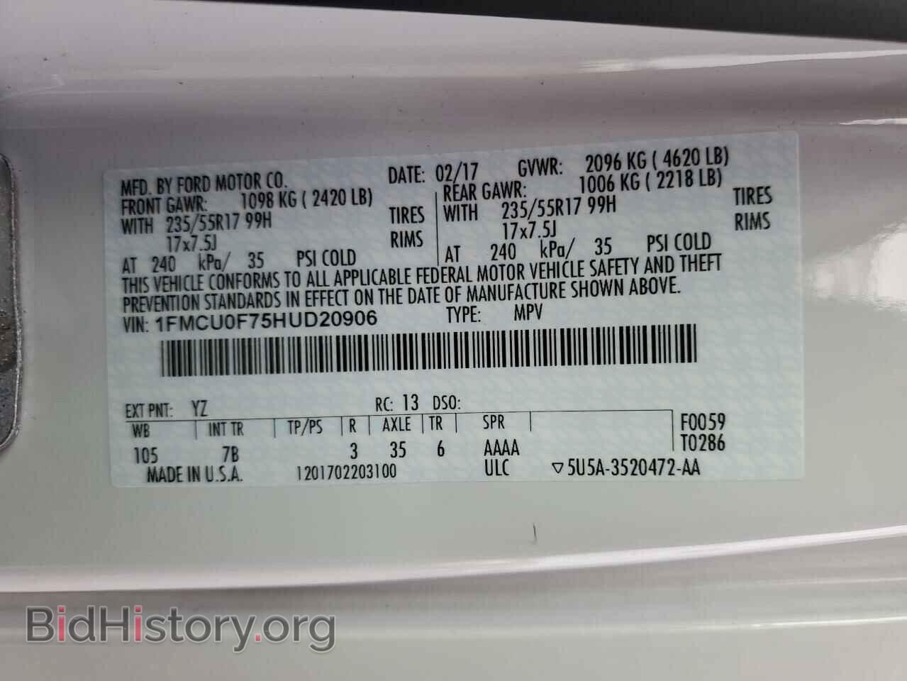 2017 FORD ESCAPE - VIN: 1FMCU0F75HUD20906 - Фото 13