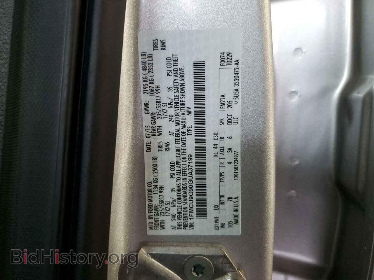2016 FORD ESCAPE - VIN: 1FMCU9G90GUA37199 - Фото 14