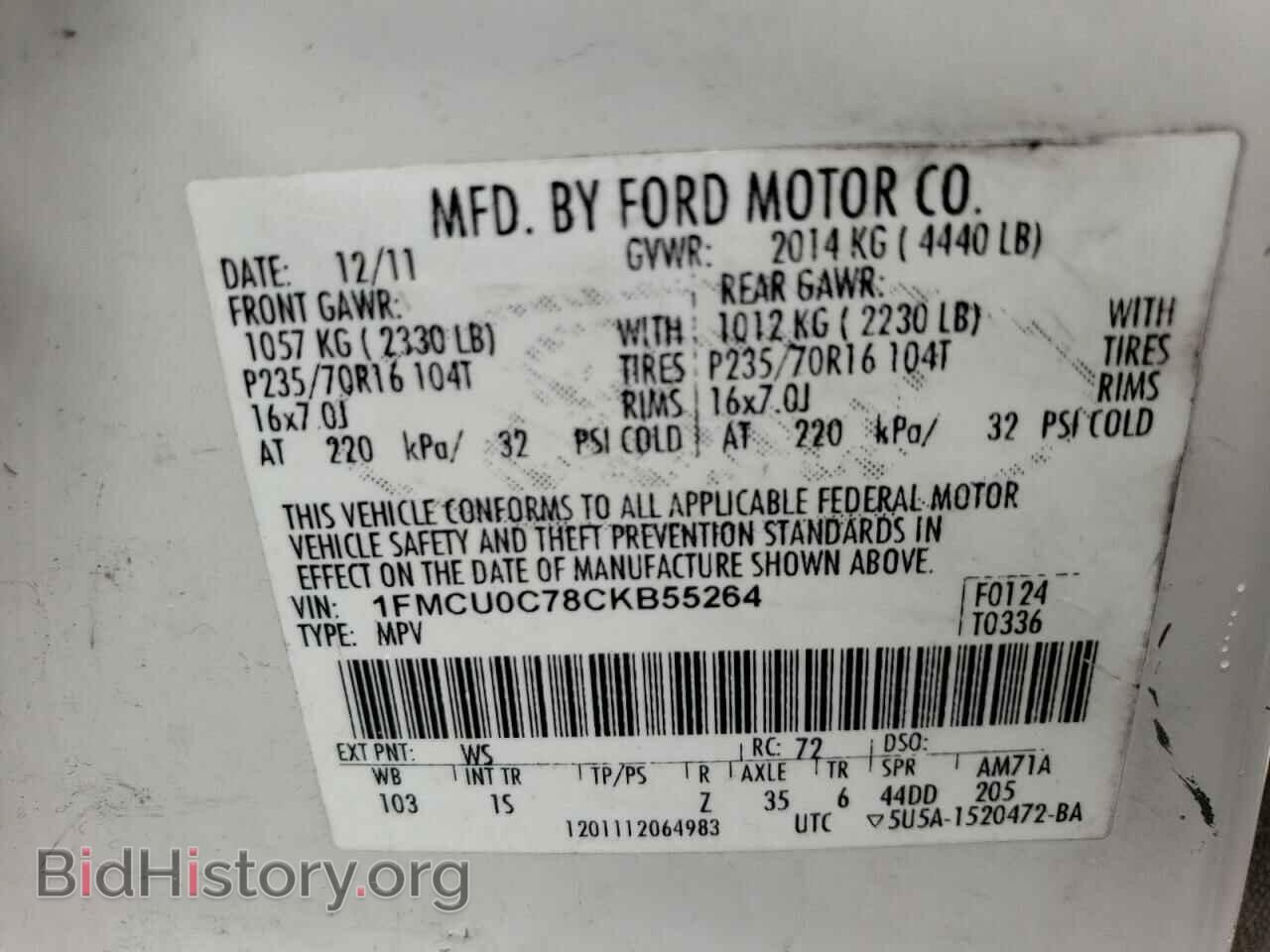 2012 FORD ESCAPE - VIN: 1FMCU0C78CKB55264 - Фото 13