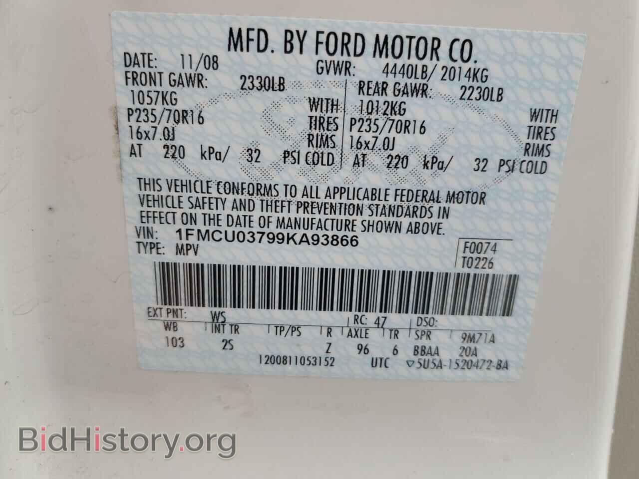 2009 FORD ESCAPE - VIN: 1FMCU03799KA93866 - Фото 13