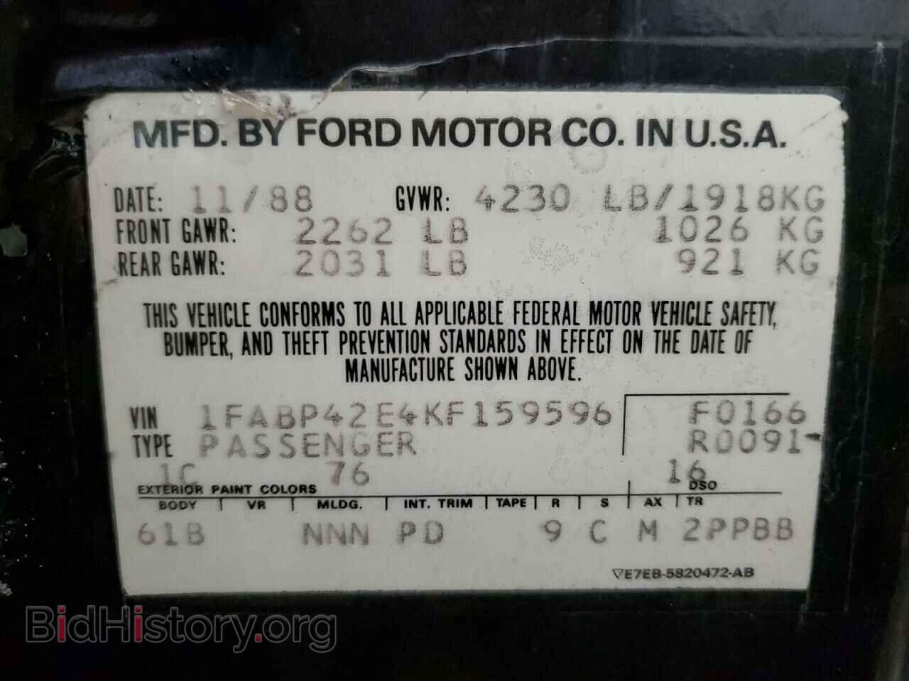1989 FORD MUSTANG - VIN: 1FABP42E4KF159596 - Фото 12