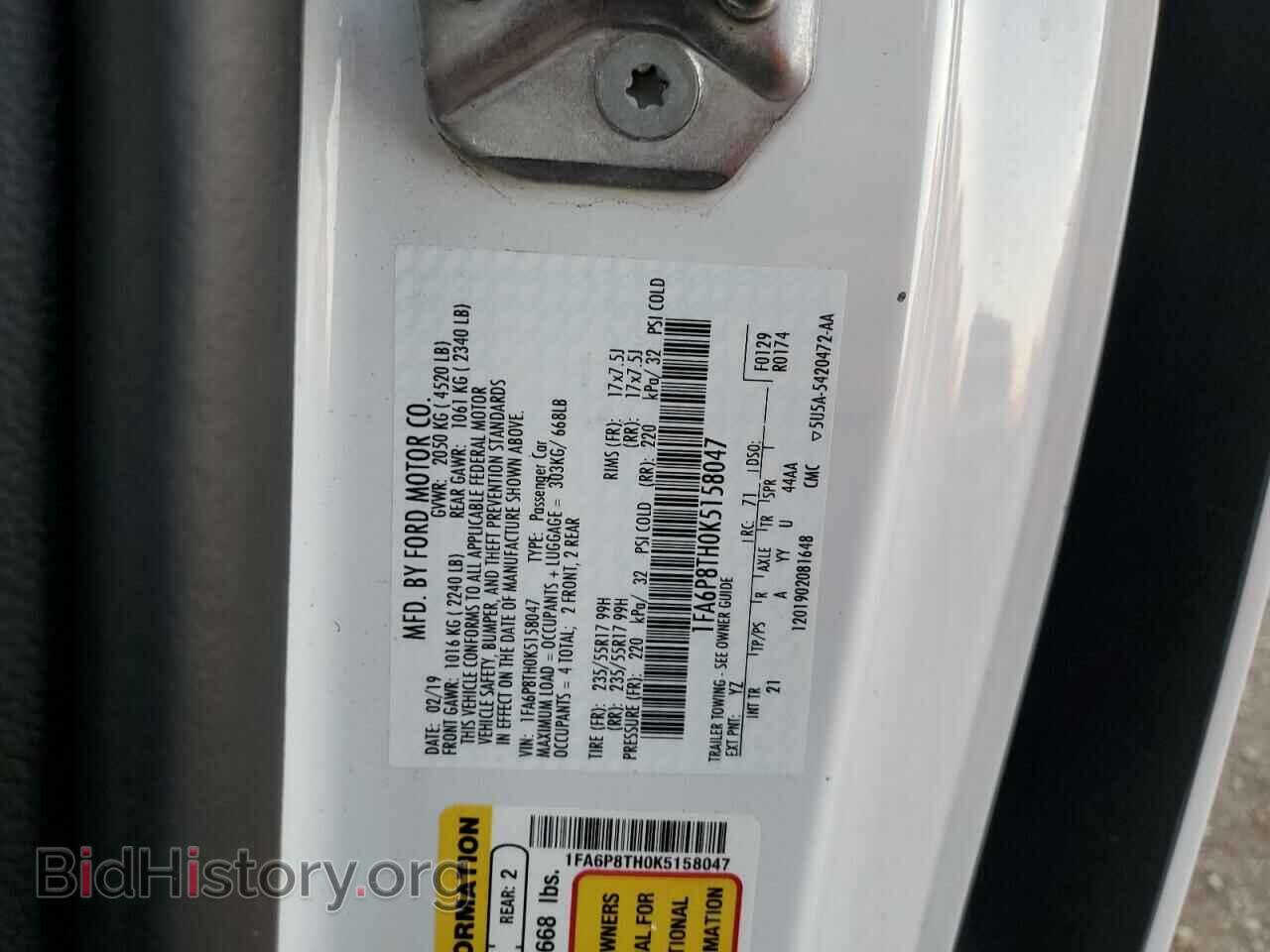 2019 FORD ALL Models - VIN: 1FA6P8TH0K5158047 - Фото 12