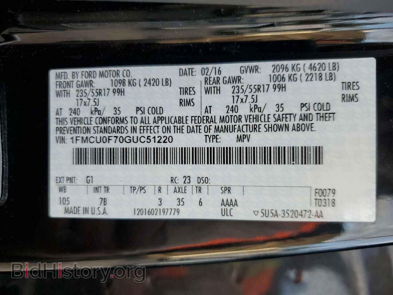 2016 FORD ESCAPE - VIN: 1FMCU0F70GUC51220 - Фото 13