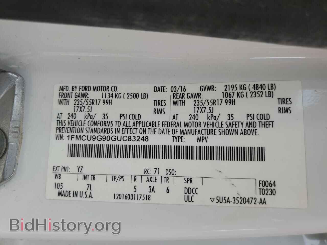 2016 FORD ESCAPE - VIN: 1FMCU9G90GUC83248 - Фото 13