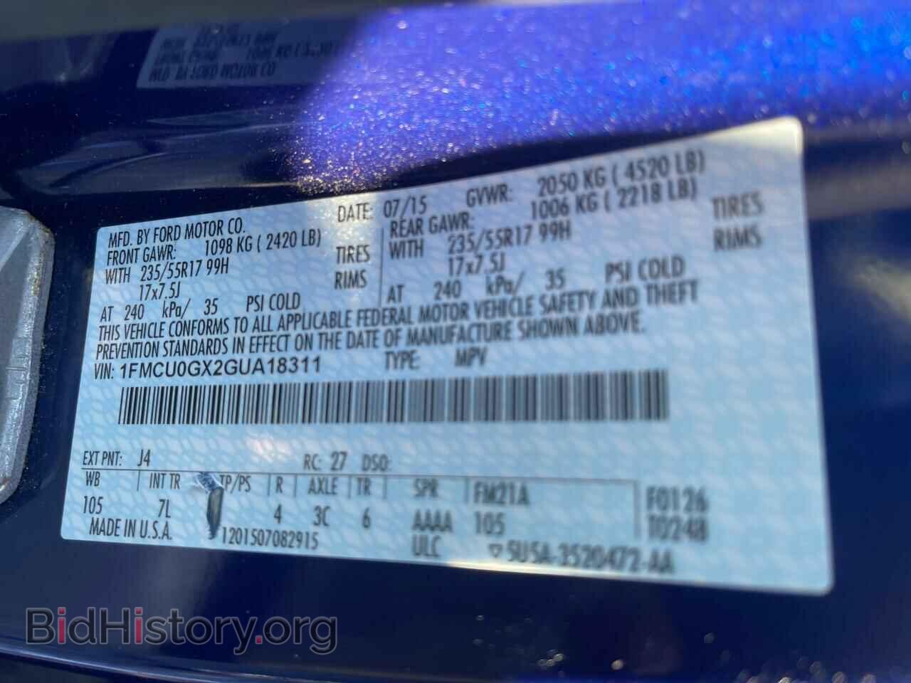 2016 FORD ESCAPE - VIN: 1FMCU0GX2GUA18311 - Фото 10