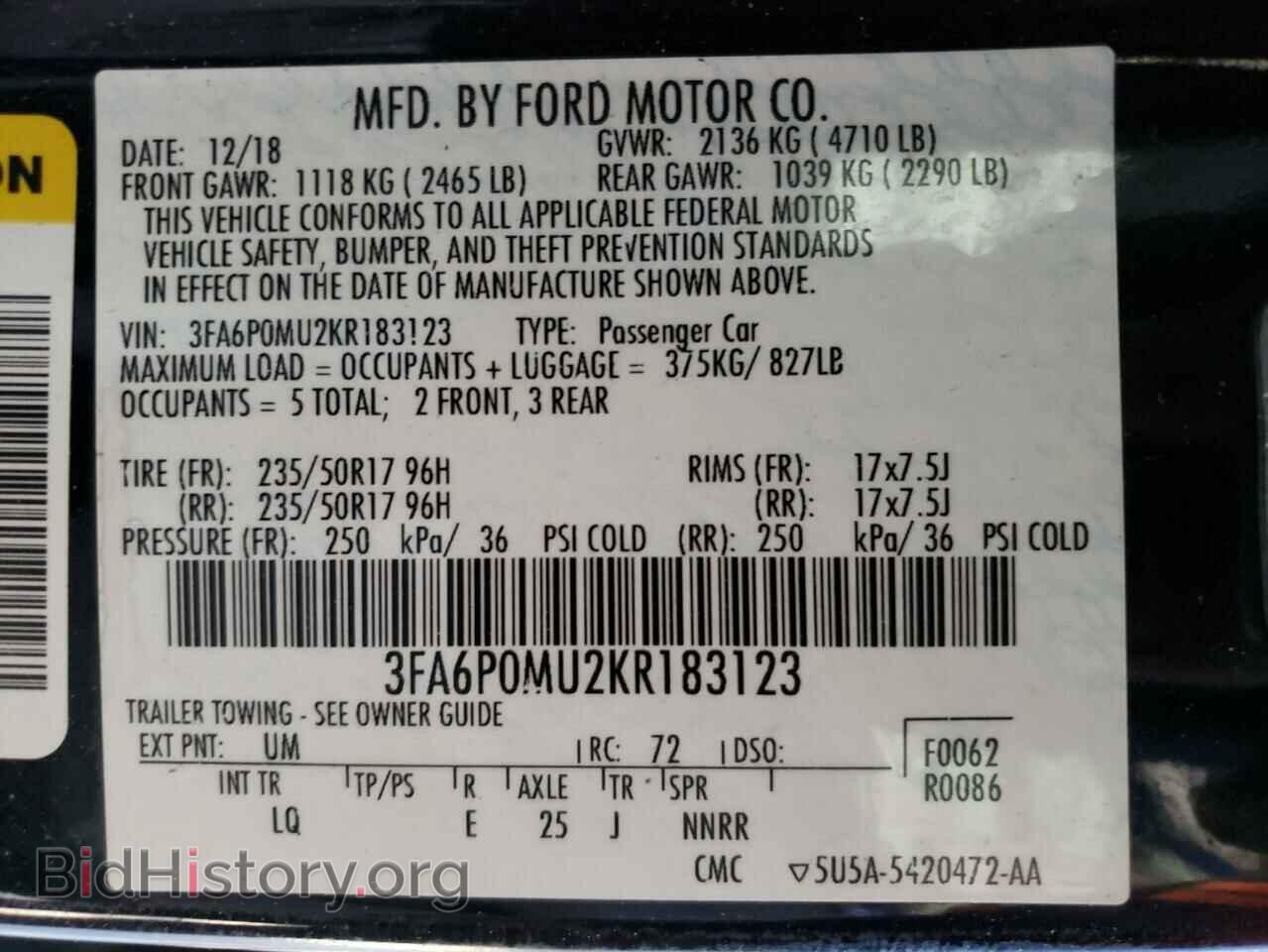 2019 FORD FUSION - VIN: 3FA6P0MU2KR183123 - Фото 13