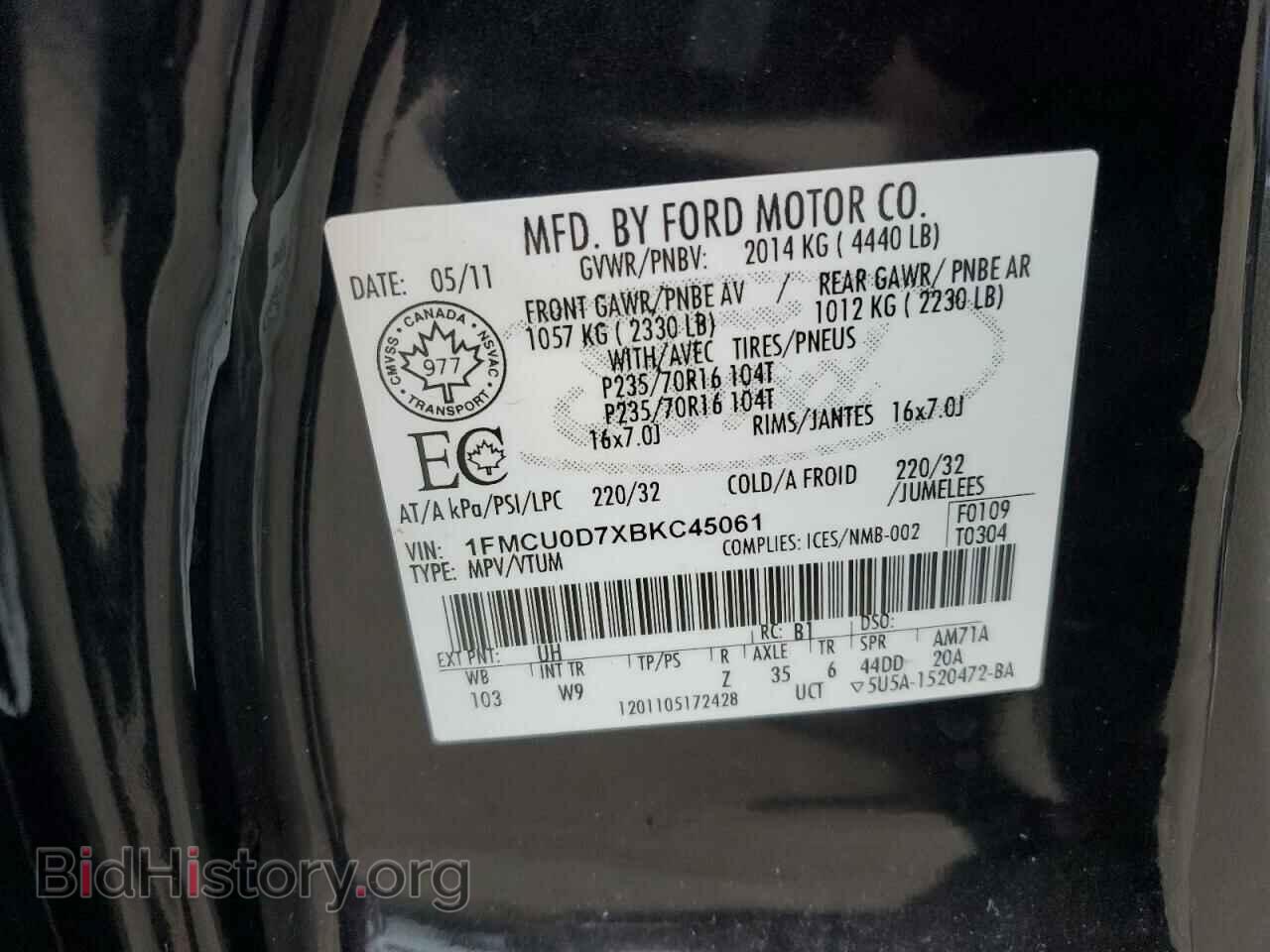 2011 FORD ESCAPE - VIN: 1FMCU0D7XBKC45061 - Фото 13