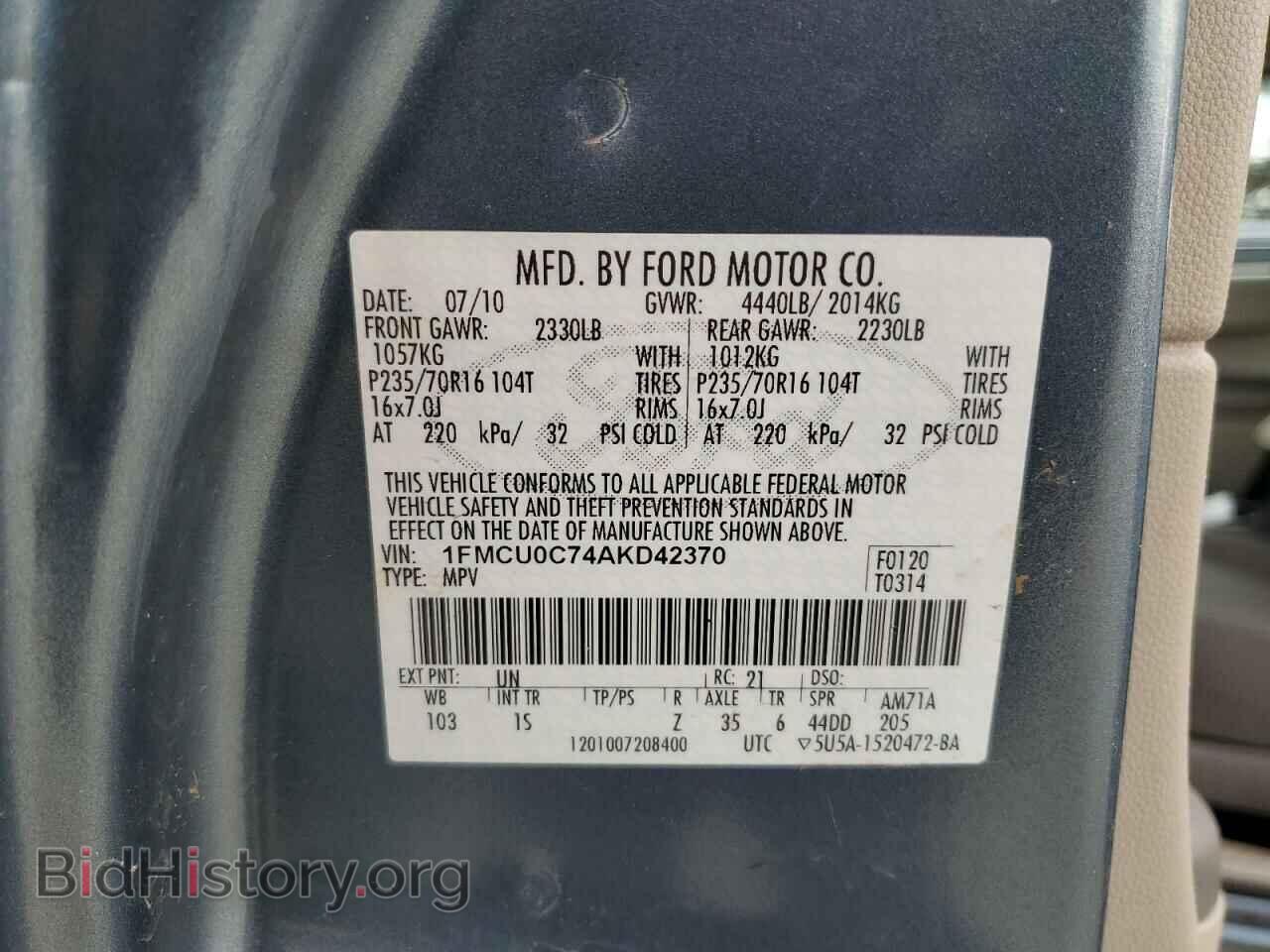 2010 FORD ESCAPE - VIN: 1FMCU0C74AKD42370 - Фото 13