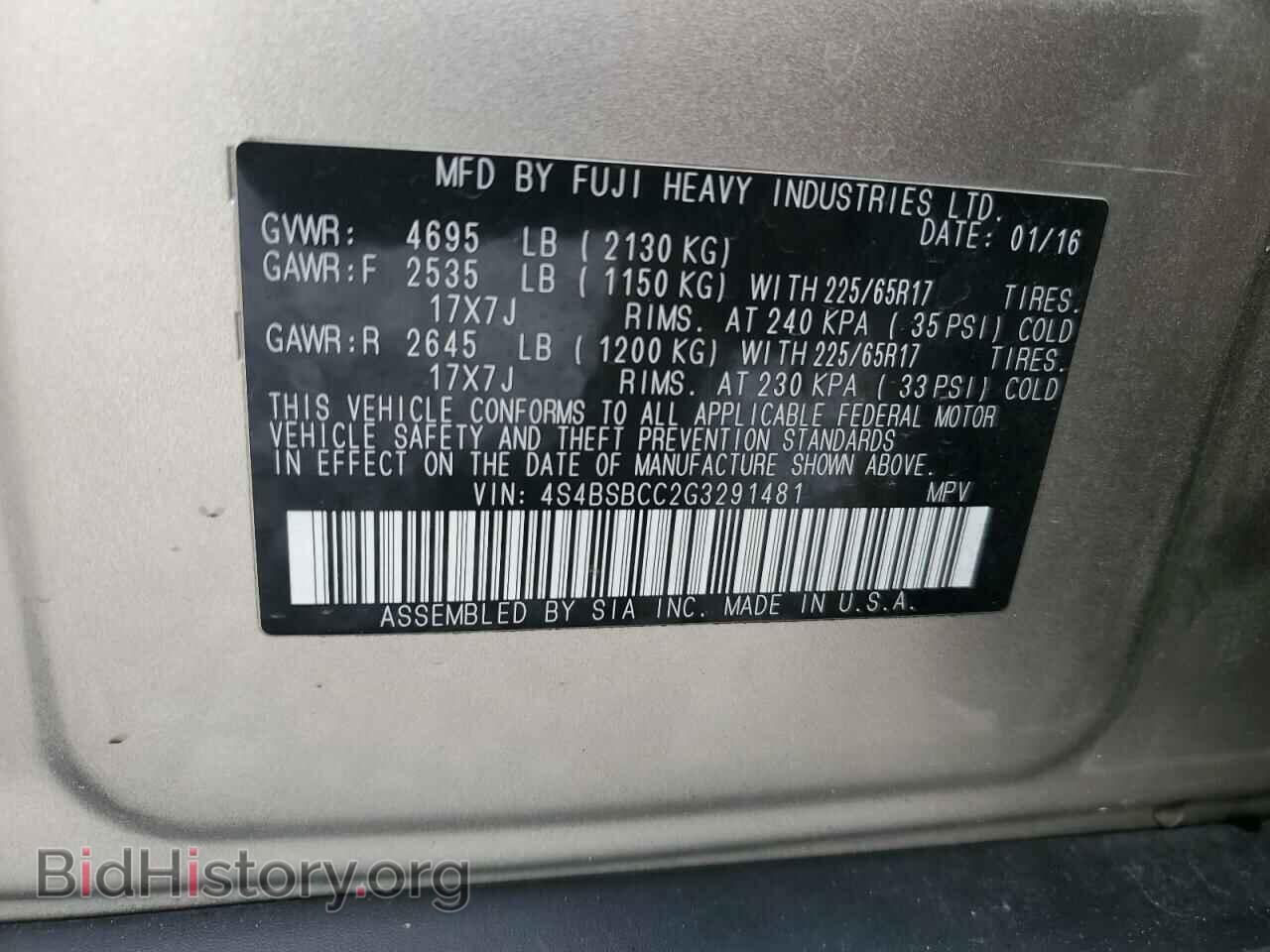 2016 SUBARU OUTBACK - VIN: 4S4BSBCC2G3291481 - Фото 12