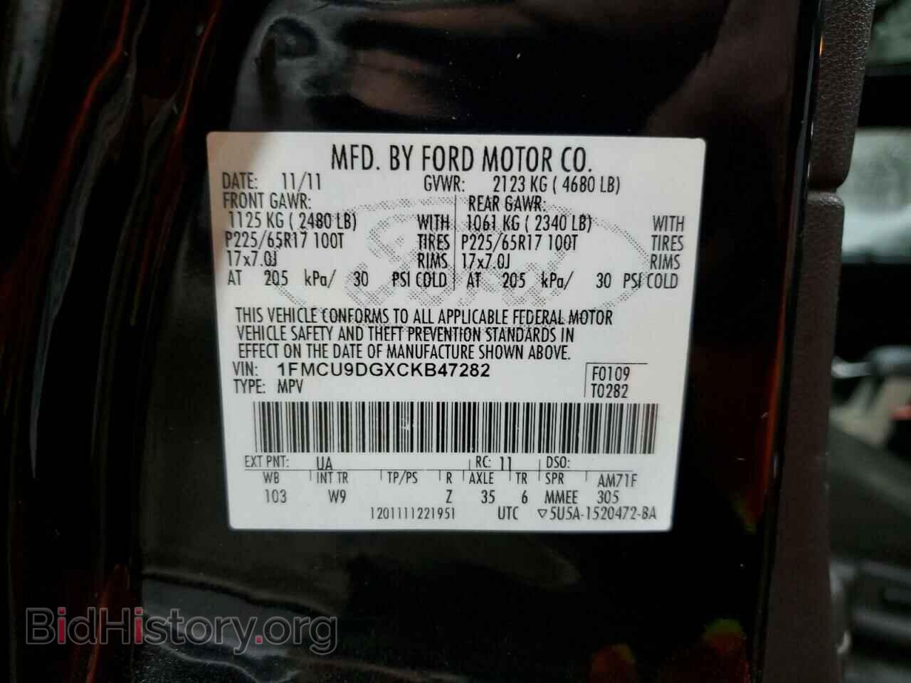 2012 FORD ESCAPE - VIN: 1FMCU9DGXCKB47282 - Фото 13