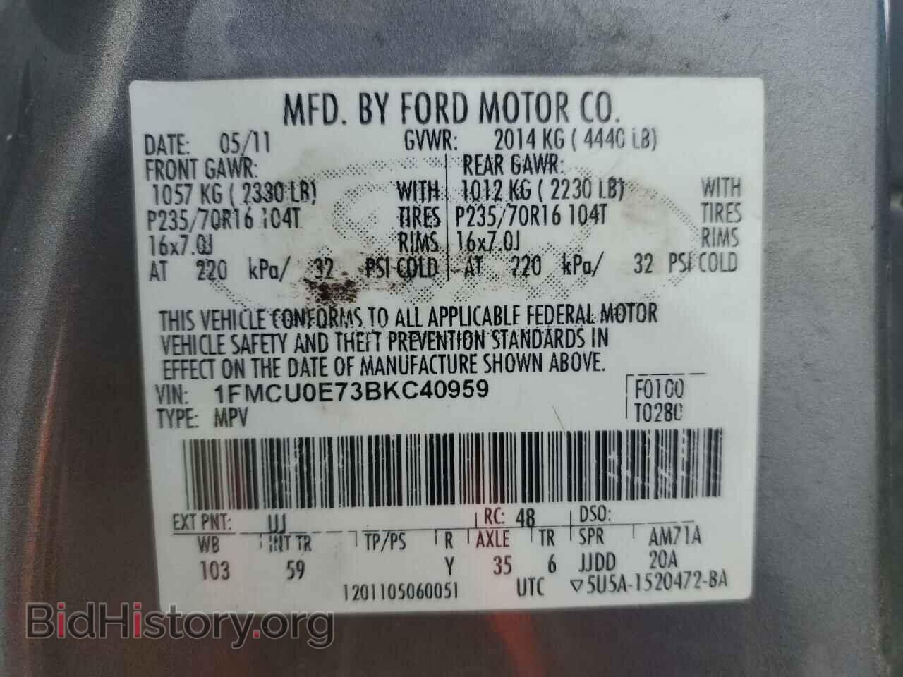 2011 FORD ESCAPE - VIN: 1FMCU0E73BKC40959 - Фото 14