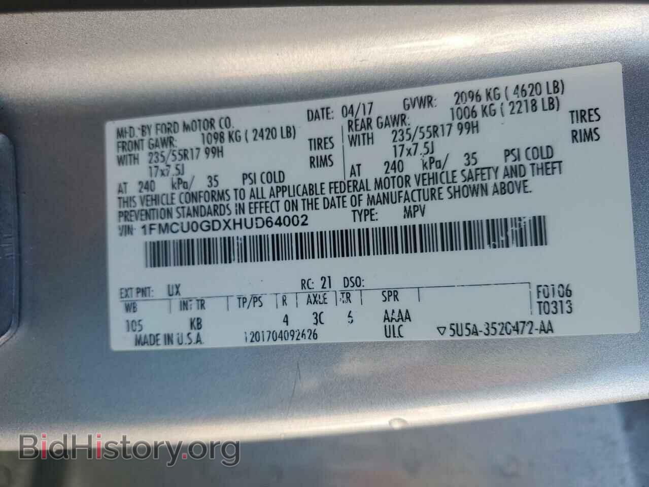 2017 FORD ESCAPE - VIN: 1FMCU0GDXHUD64002 - Фото 13
