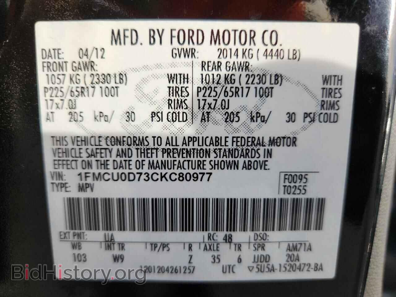 2012 FORD ESCAPE - VIN: 1FMCU0D73CKC80977 - Фото 14