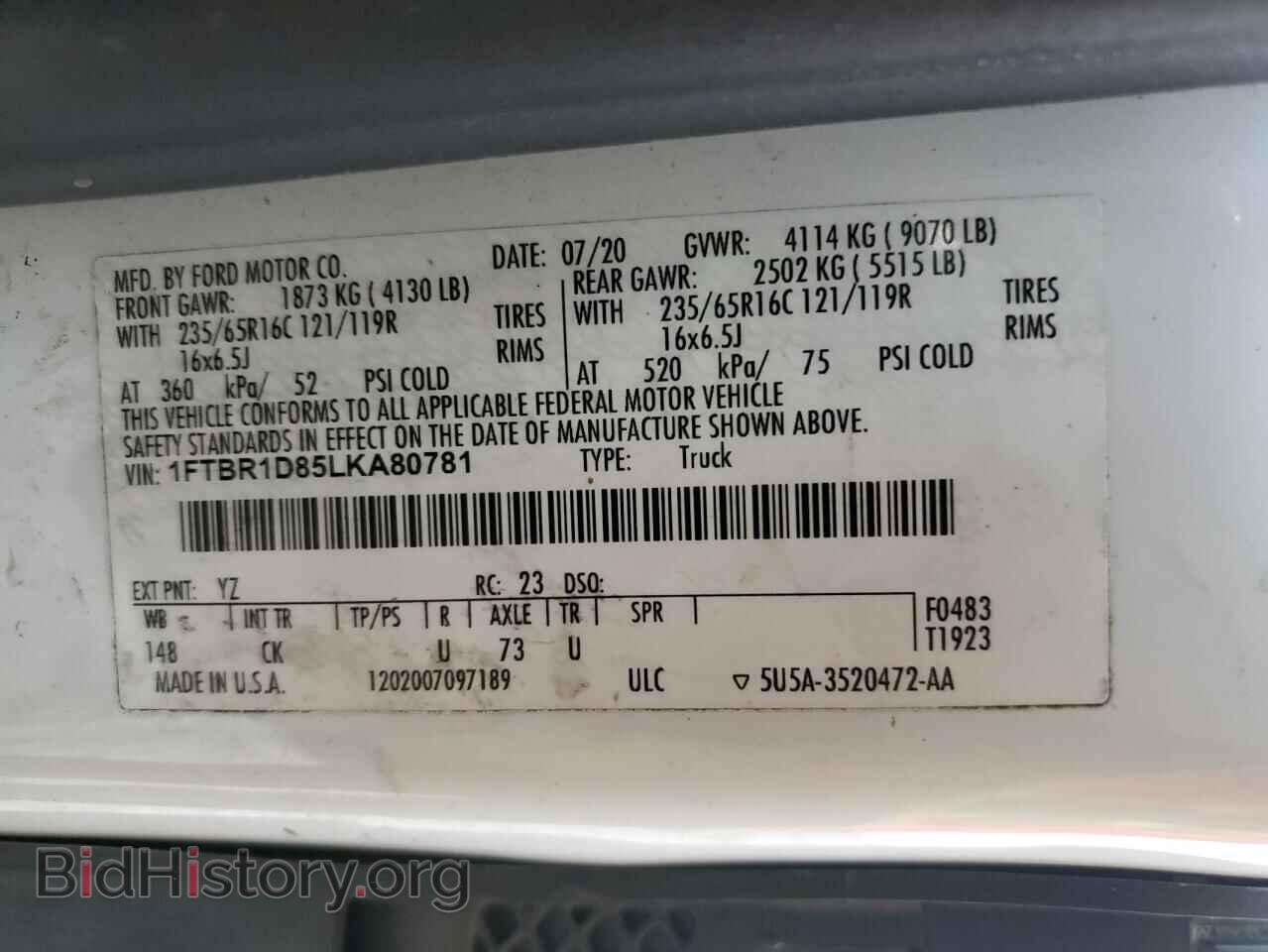2020 FORD TRANSIT - VIN: 1FTBR1D85LKA80781 - Фото 13