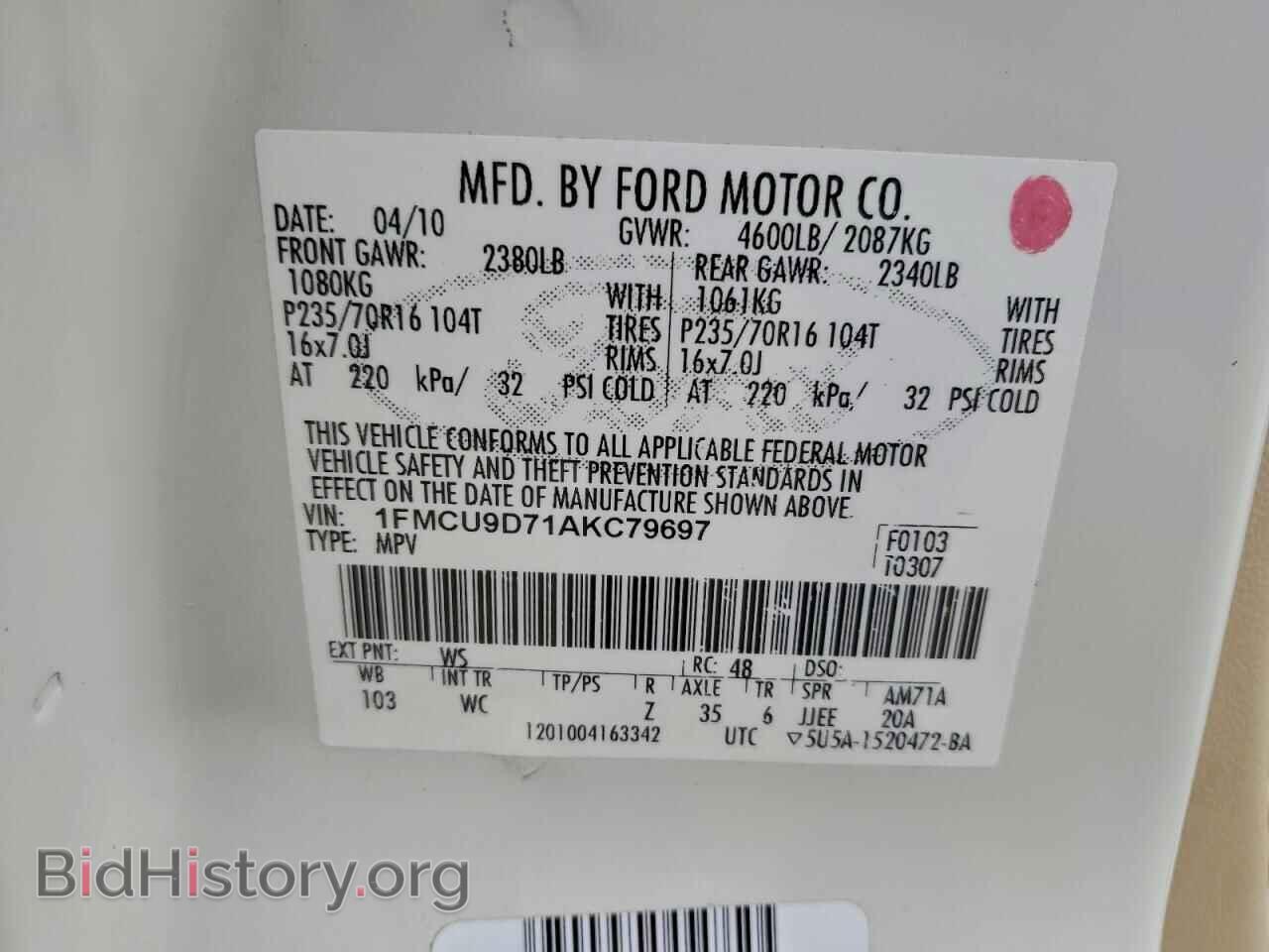2010 FORD ESCAPE - VIN: 1FMCU9D71AKC79697 - Фото 14