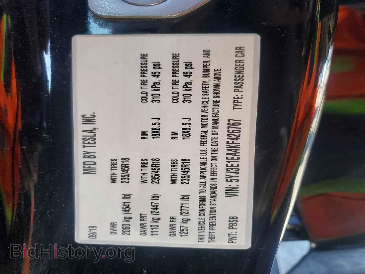 2019 TESLA MODEL 3 - VIN: 5YJ3E1EA4KF426767 - Фото 12