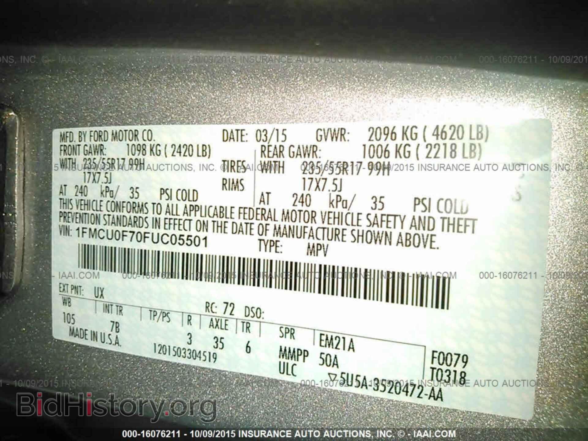 2015 FORD ESCAPE - VIN: 1FMCU0F70FUC05501 - Photo 9