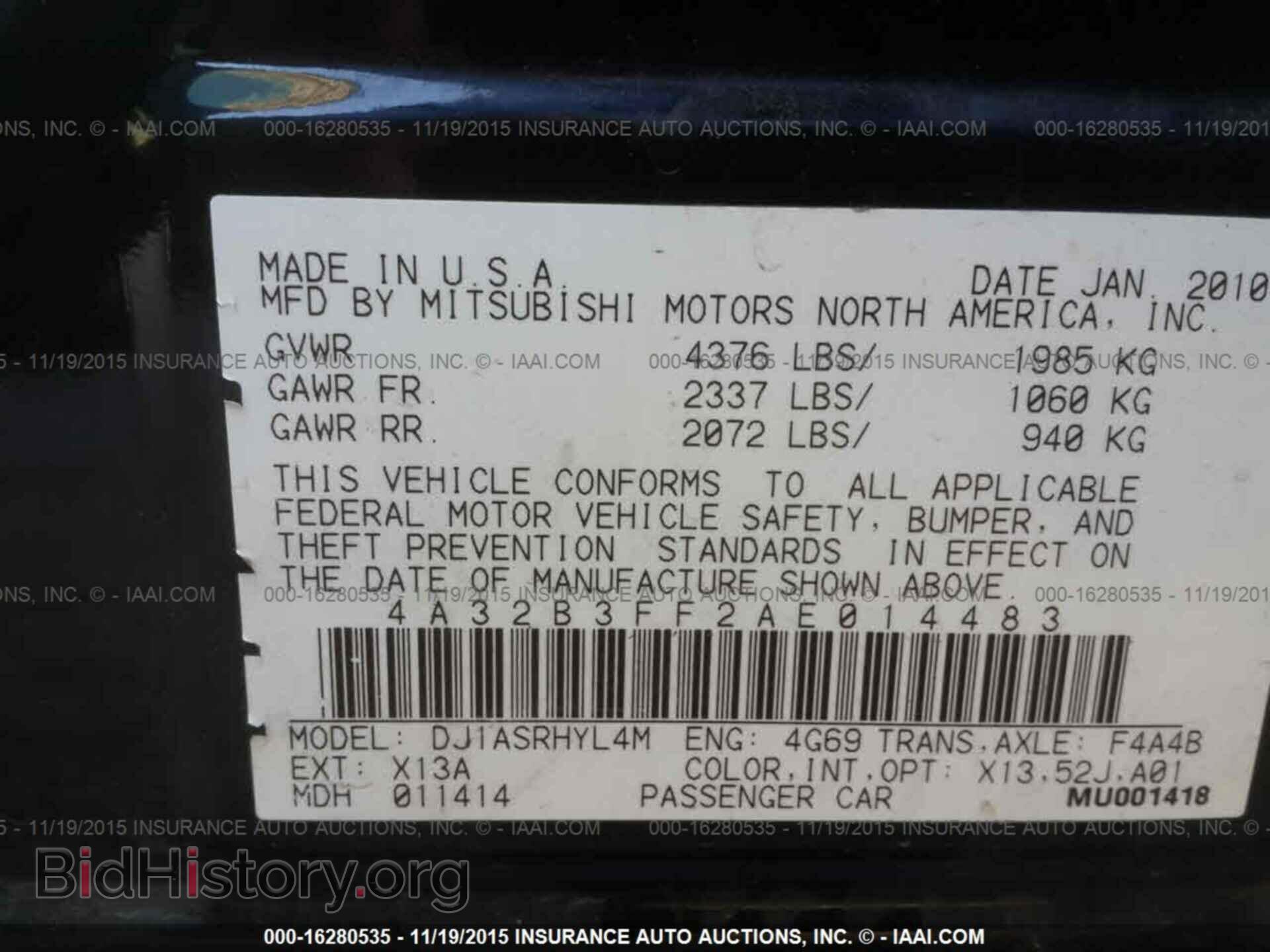 2010 MITSUBISHI GALANT - VIN: 4A32B3FF2AE014483 - Фото 9