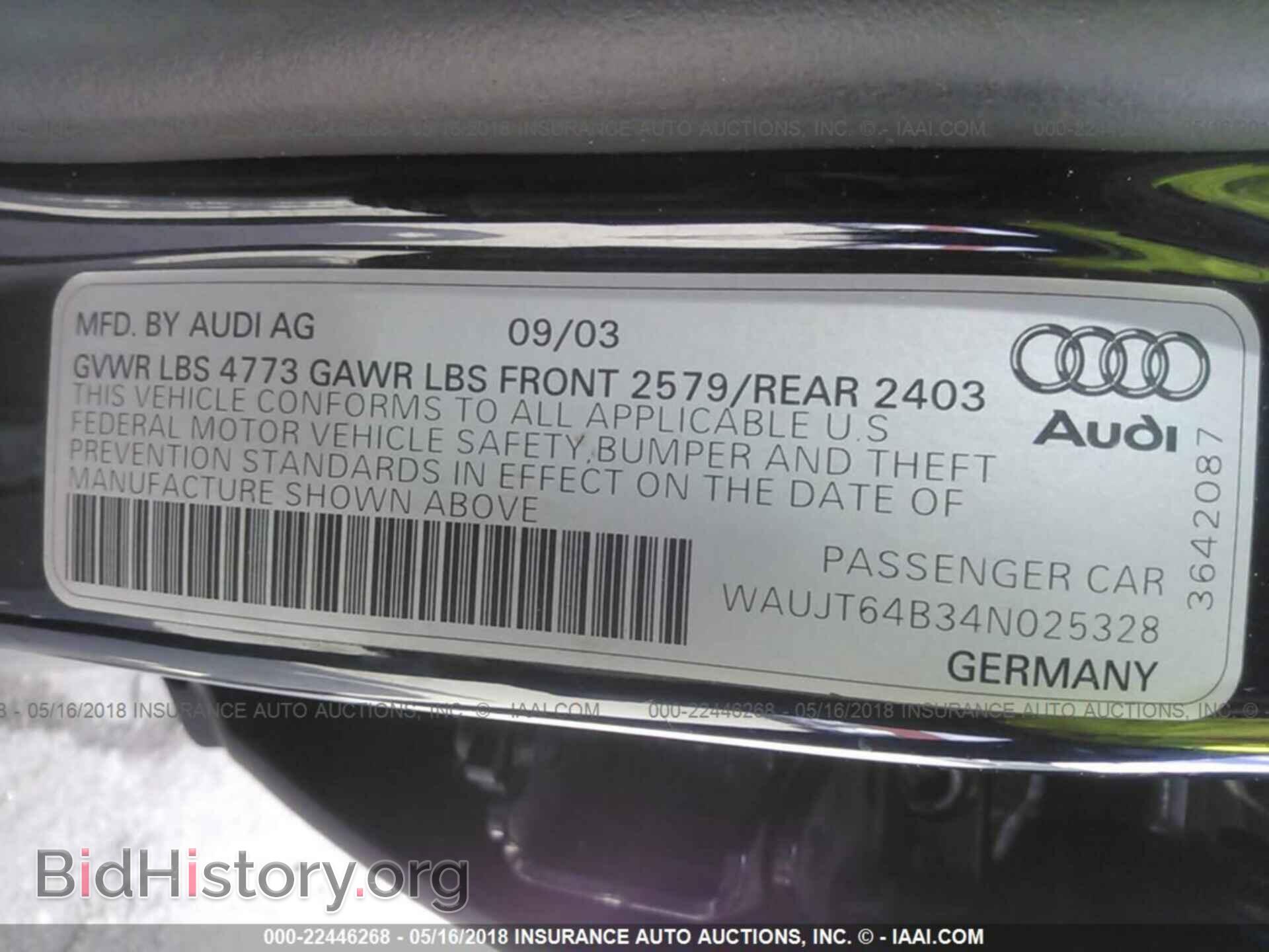 2004 AUDI A6 - VIN: WAUJT64B34N025328 - Фото 9