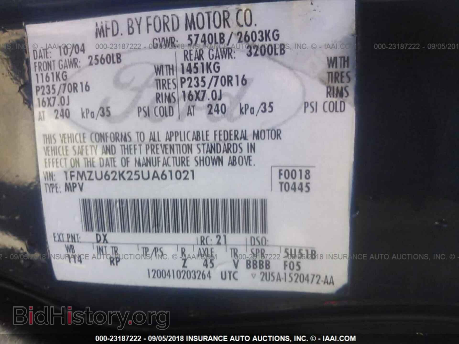 2005 FORD EXPLORER - VIN: 1FMZU62K25UA61021 - Фото 9