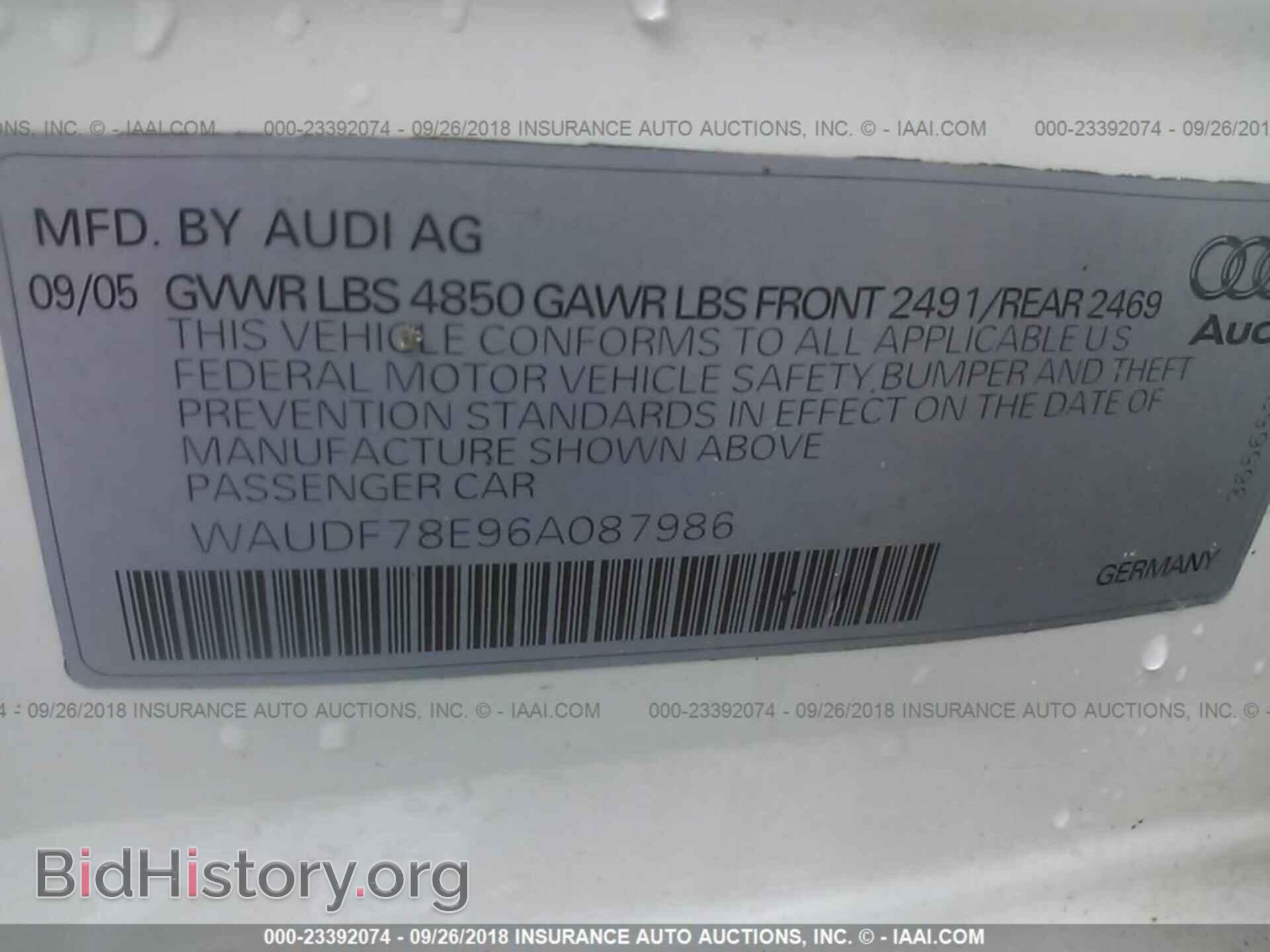 2006 AUDI A4 - VIN: WAUDF78E96A087986 - Фото 9