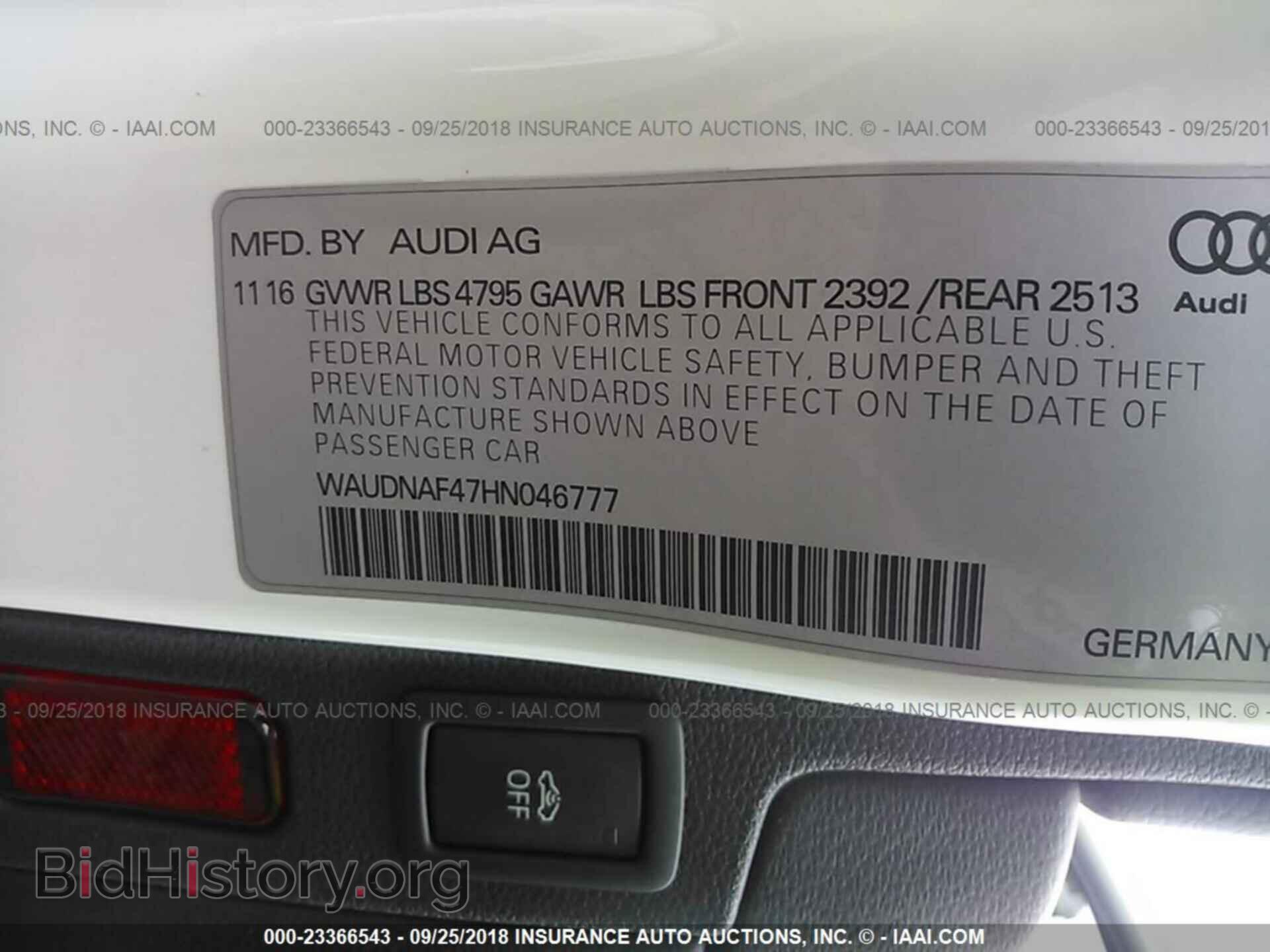 2017 AUDI A4 - VIN: WAUDNAF47HN046777 - Фото 9