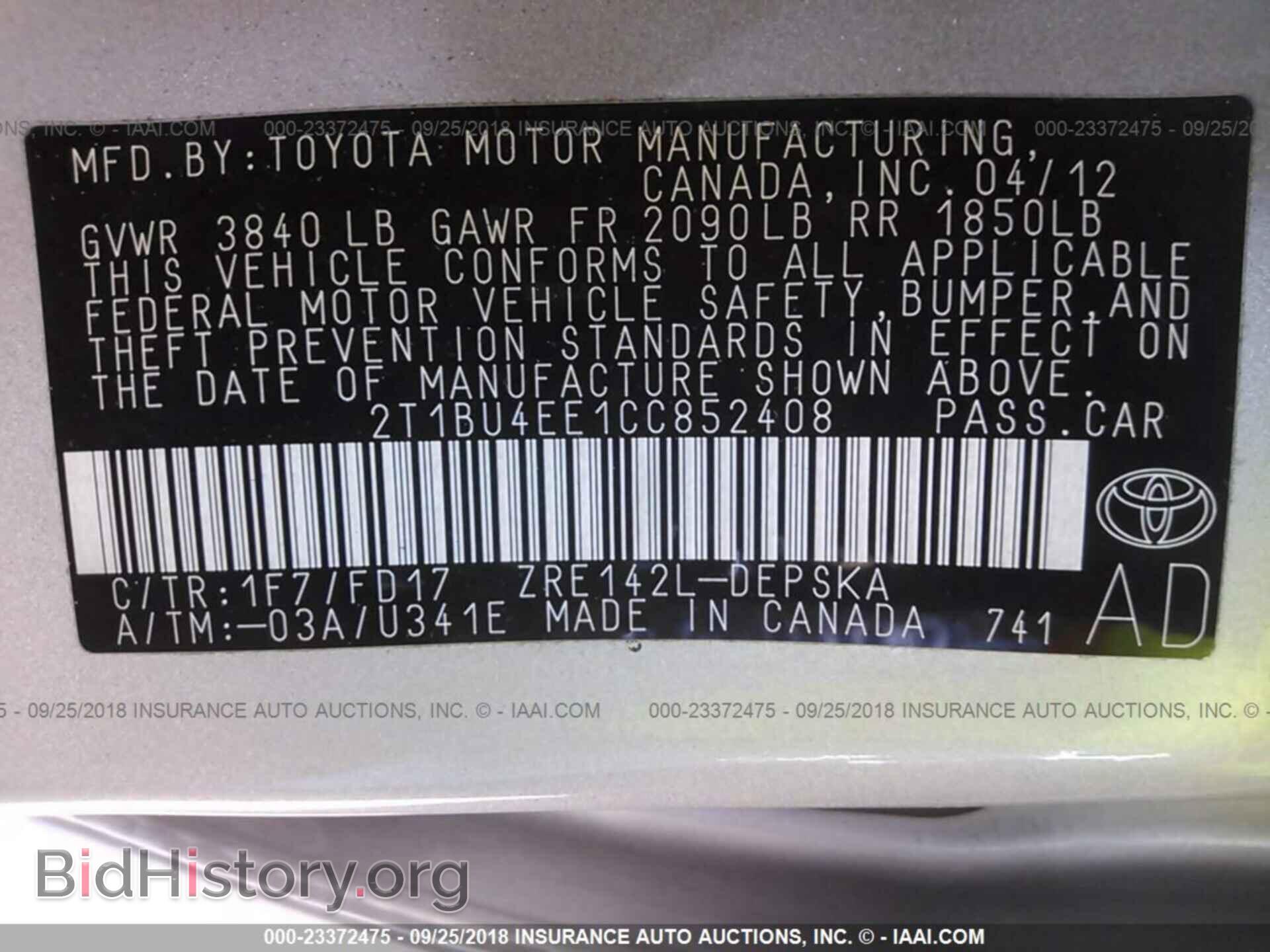 2012 TOYOTA COROLLA - VIN: 2T1BU4EE1CC852408 - Фото 9
