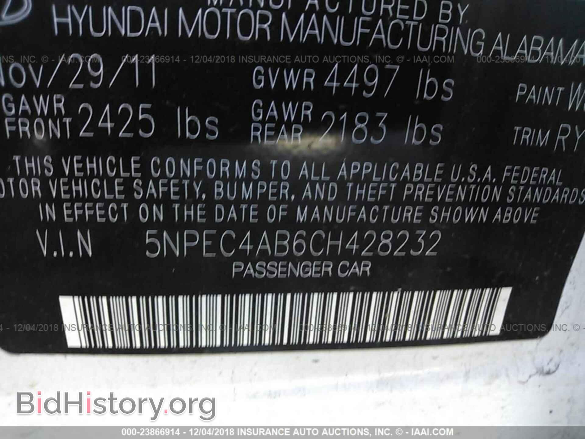 2012 HYUNDAI SONATA - VIN: 5NPEC4AB6CH428232 - Photo 9