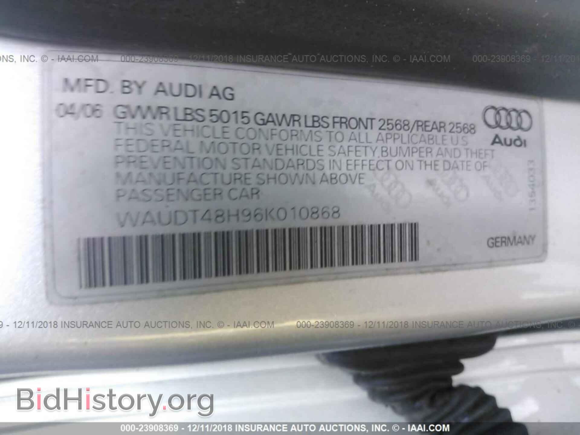 2006 AUDI A4 - VIN: WAUDT48H96K010868 - Фото 9