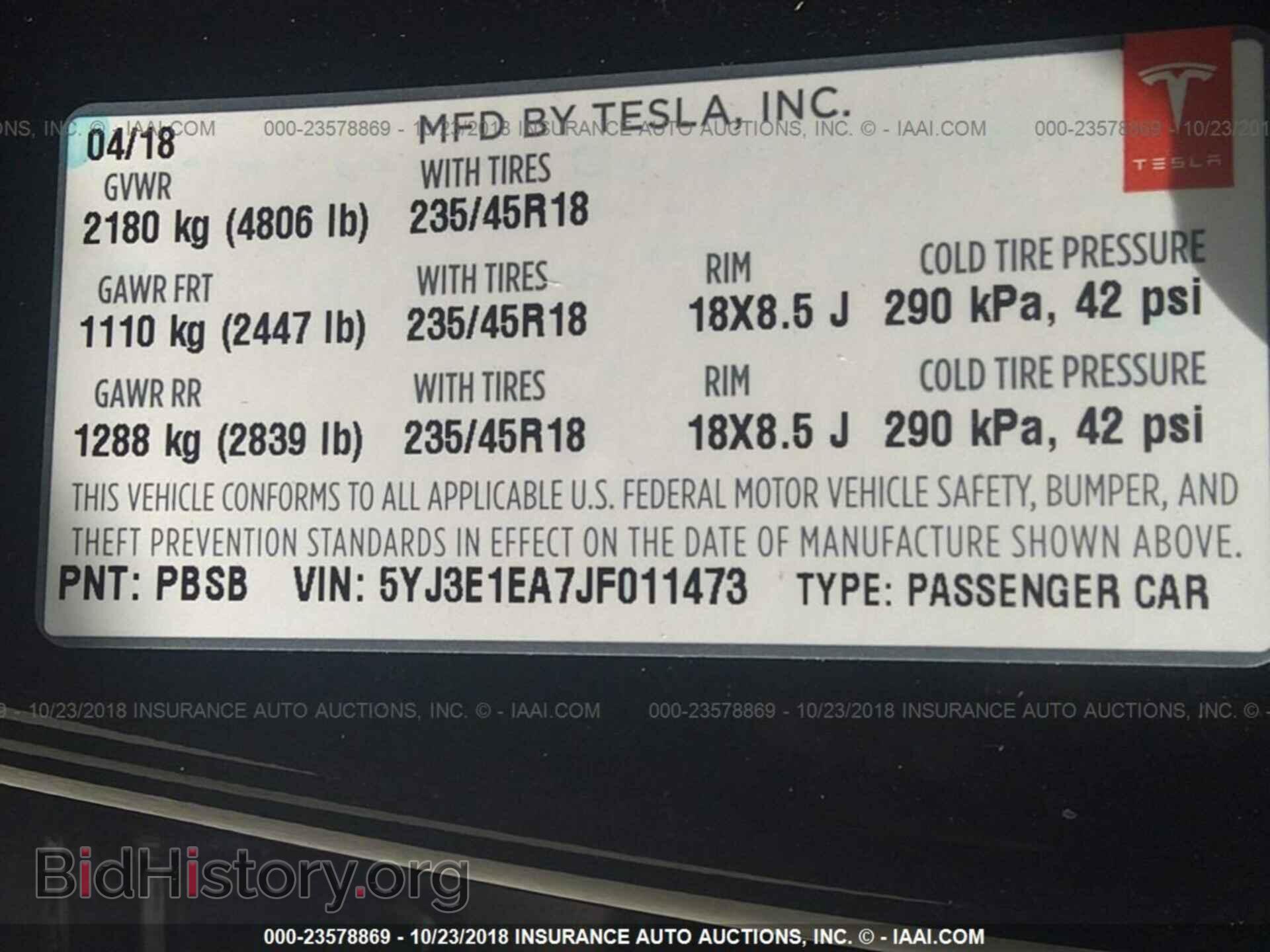 2018 TESLA MODEL 3 - VIN: 5YJ3E1EA7JF011473 - Фото 9