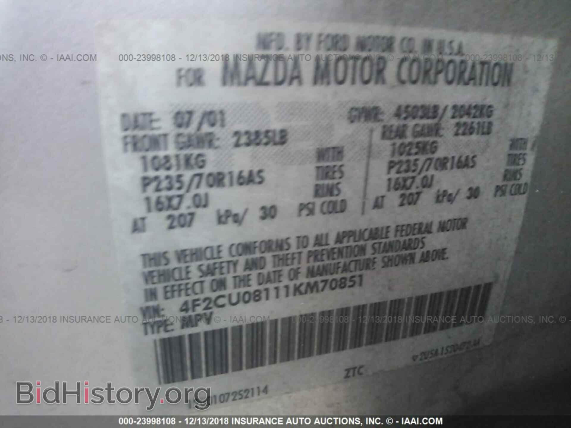 2001 MAZDA TRIBUTE - VIN: 4F2CU08111KM70851 - Фото 9