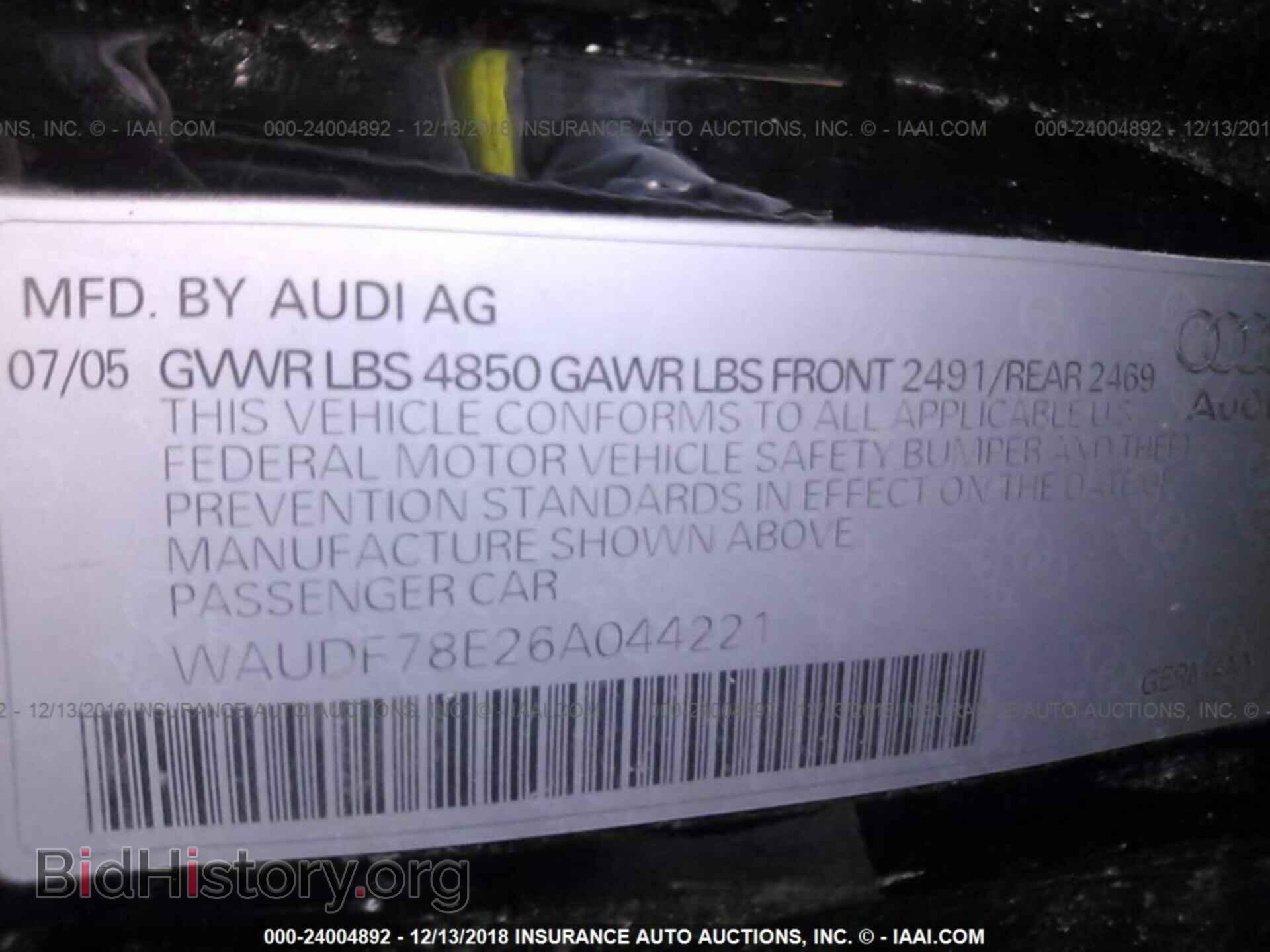 2006 AUDI A4 - VIN: WAUDF78E26A044221 - Фото 9