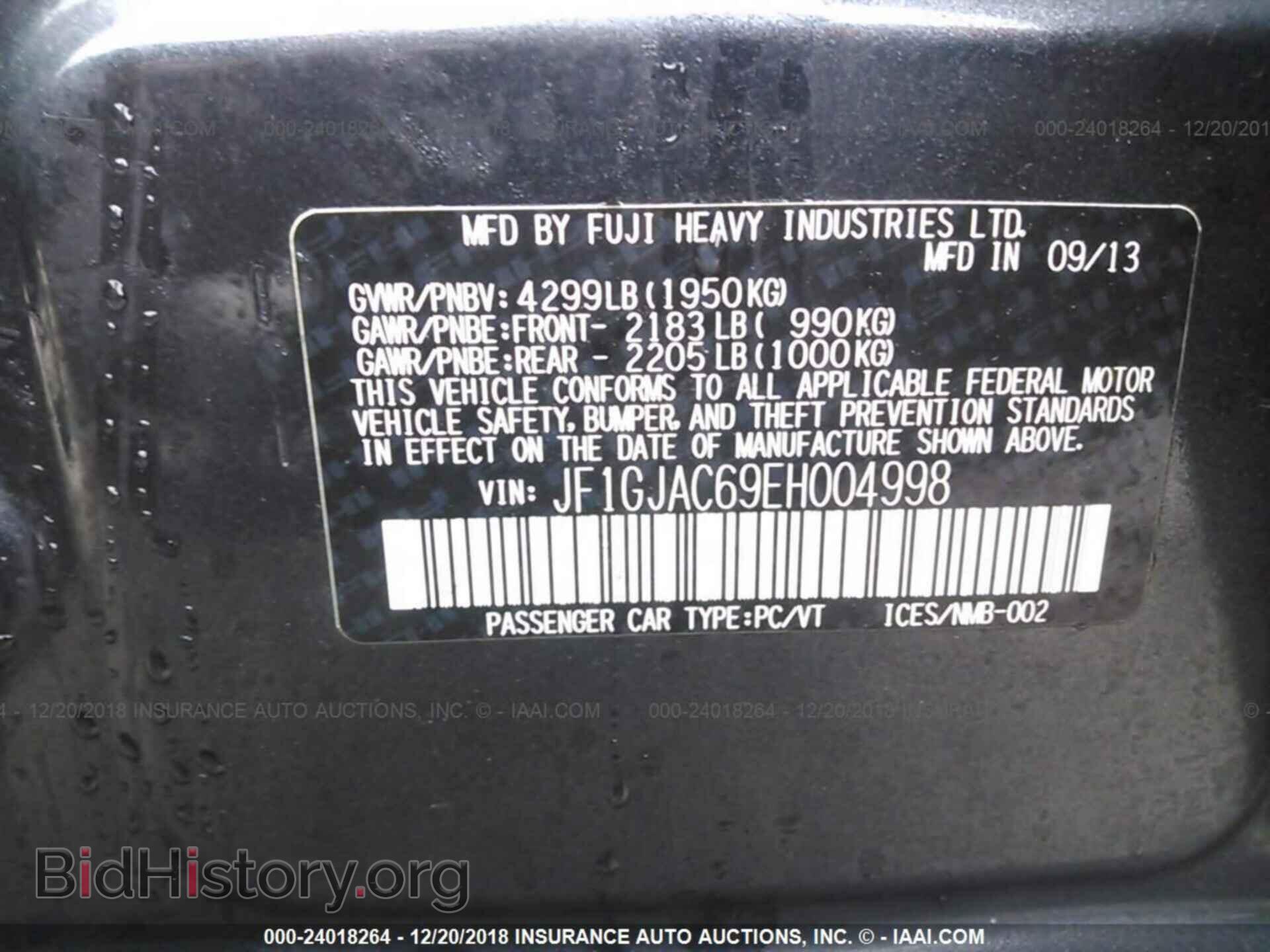 2014 SUBARU IMPREZA - VIN: JF1GJAC69EH004998 - Фото 9
