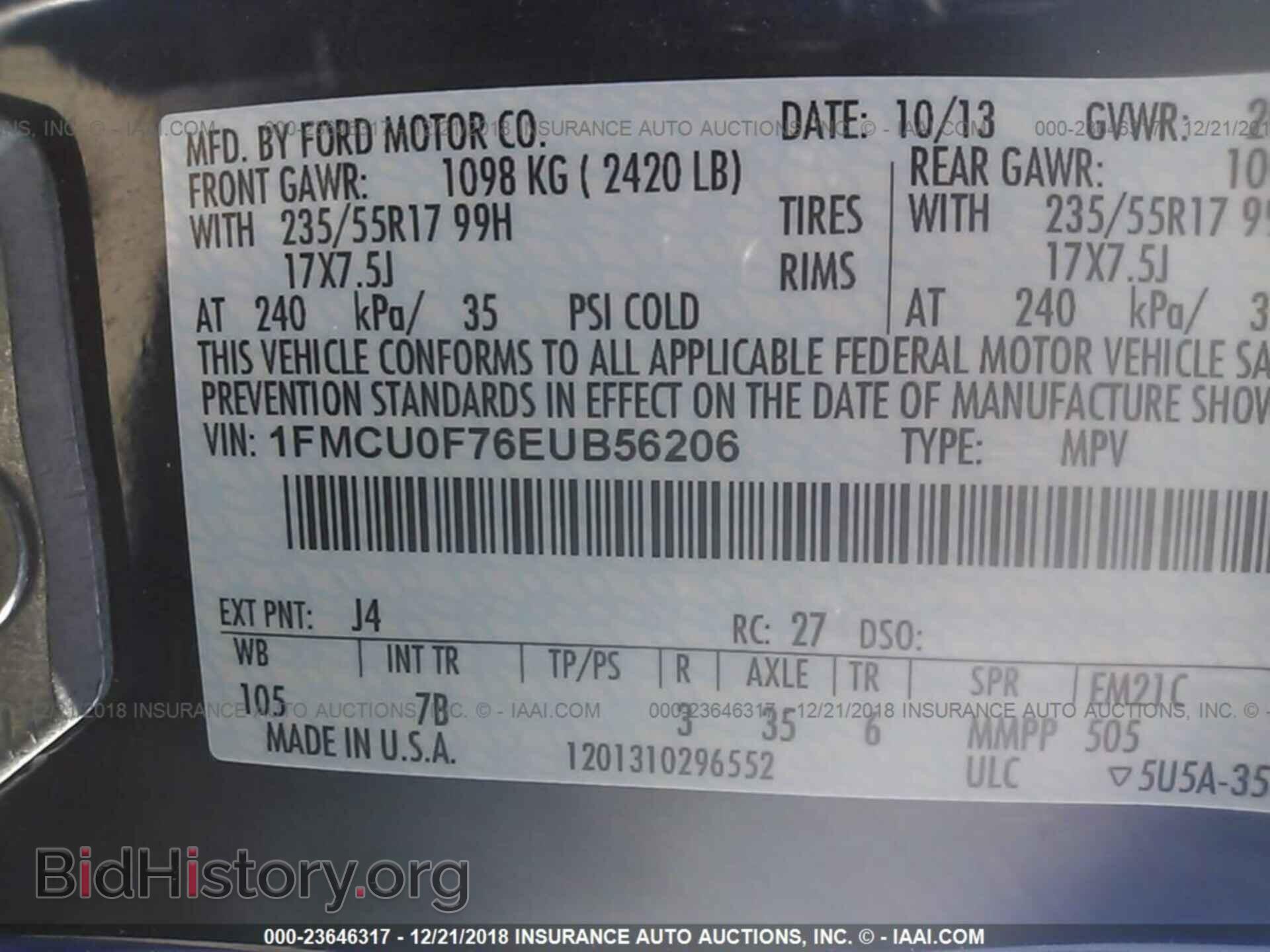 2014 FORD ESCAPE - VIN: 1FMCU0F76EUB56206 - Фото 9