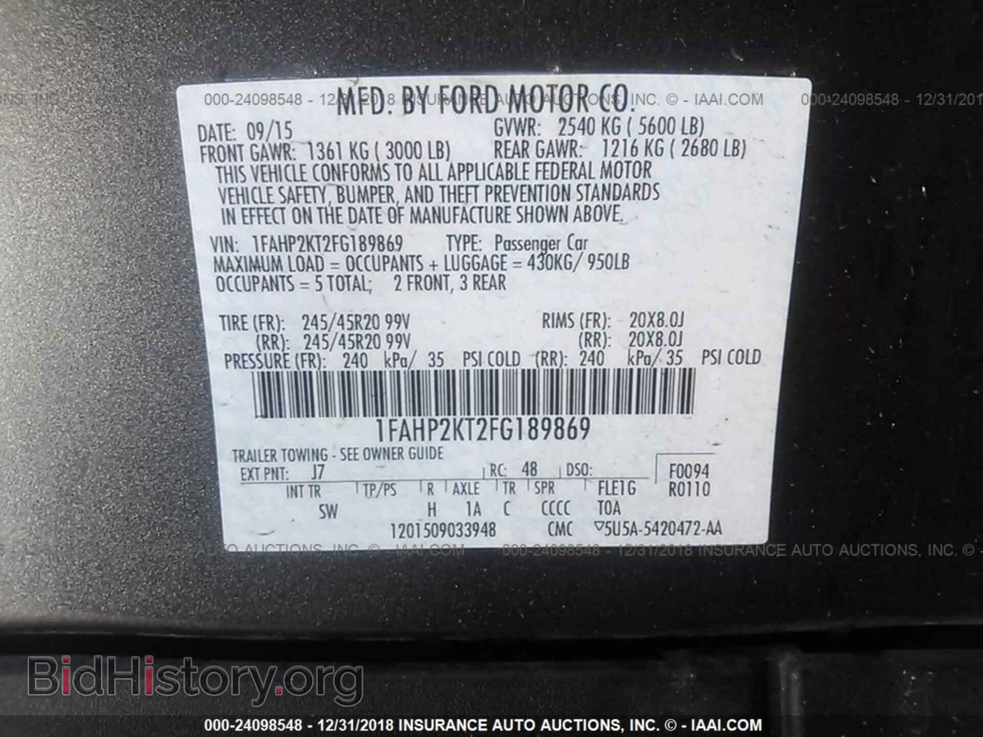 2015 FORD TAURUS - VIN: 1FAHP2KT2FG189869 - Фото 9