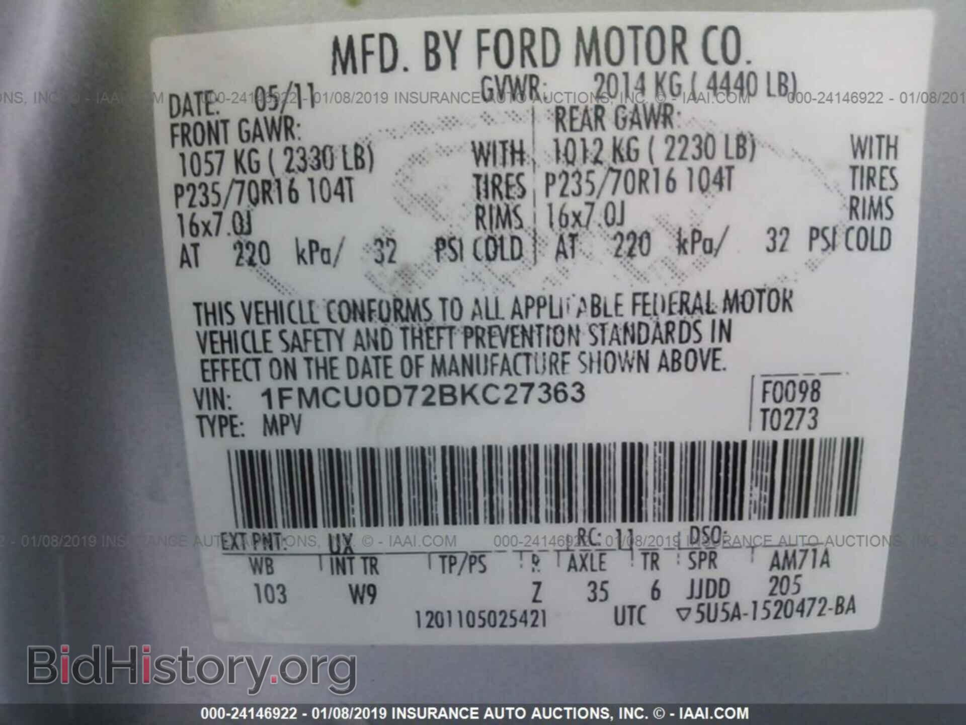 2011 FORD ESCAPE - VIN: 1FMCU0D72BKC27363 - Фото 9