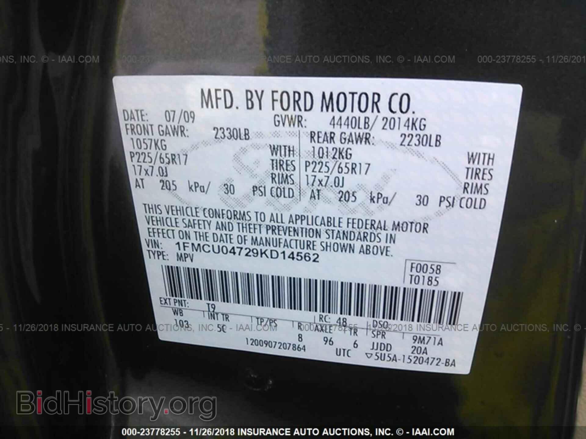 2009 FORD ESCAPE - VIN: 1FMCU04729KD14562 - Фото 9