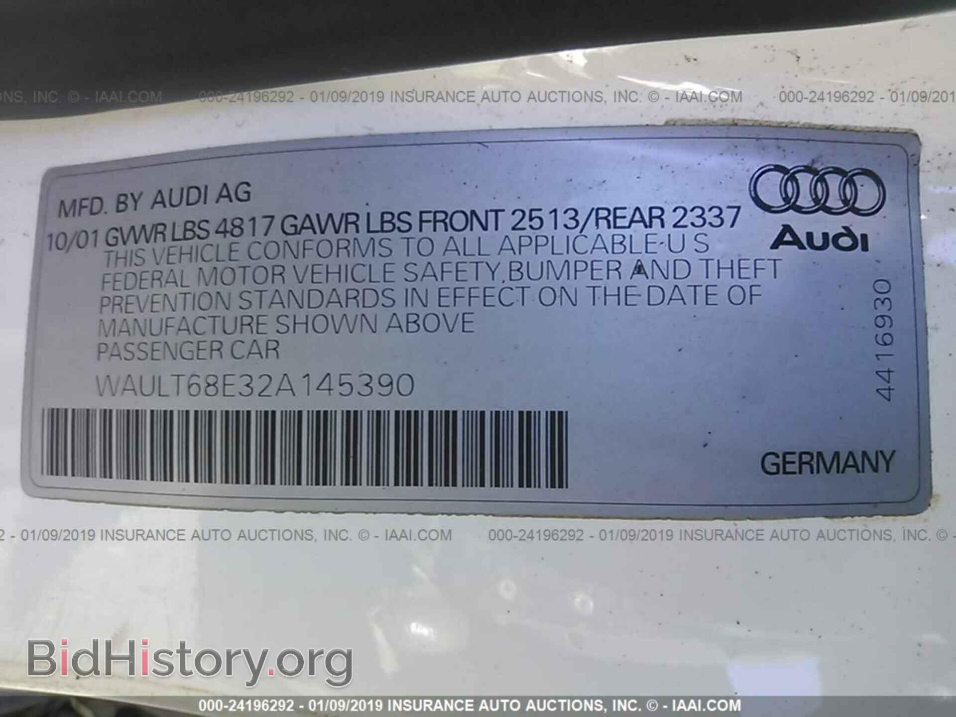 2002 AUDI A4 - VIN: WAULT68E32A145390 - Фото 9