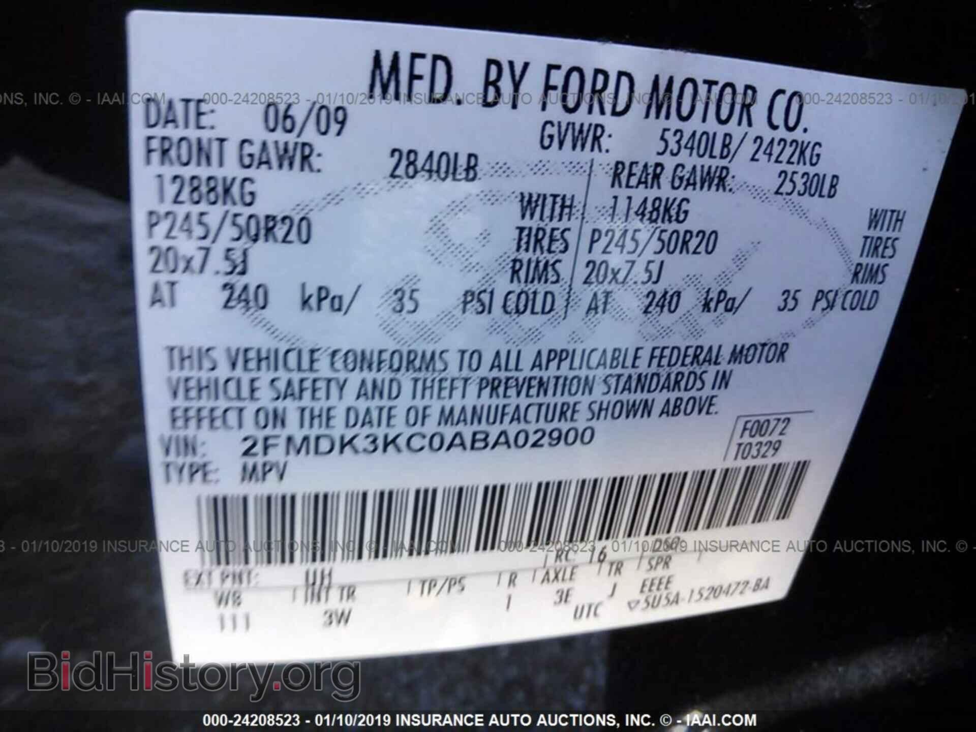 2010 FORD EDGE - VIN: 2FMDK3KC0ABA02900 - Фото 9
