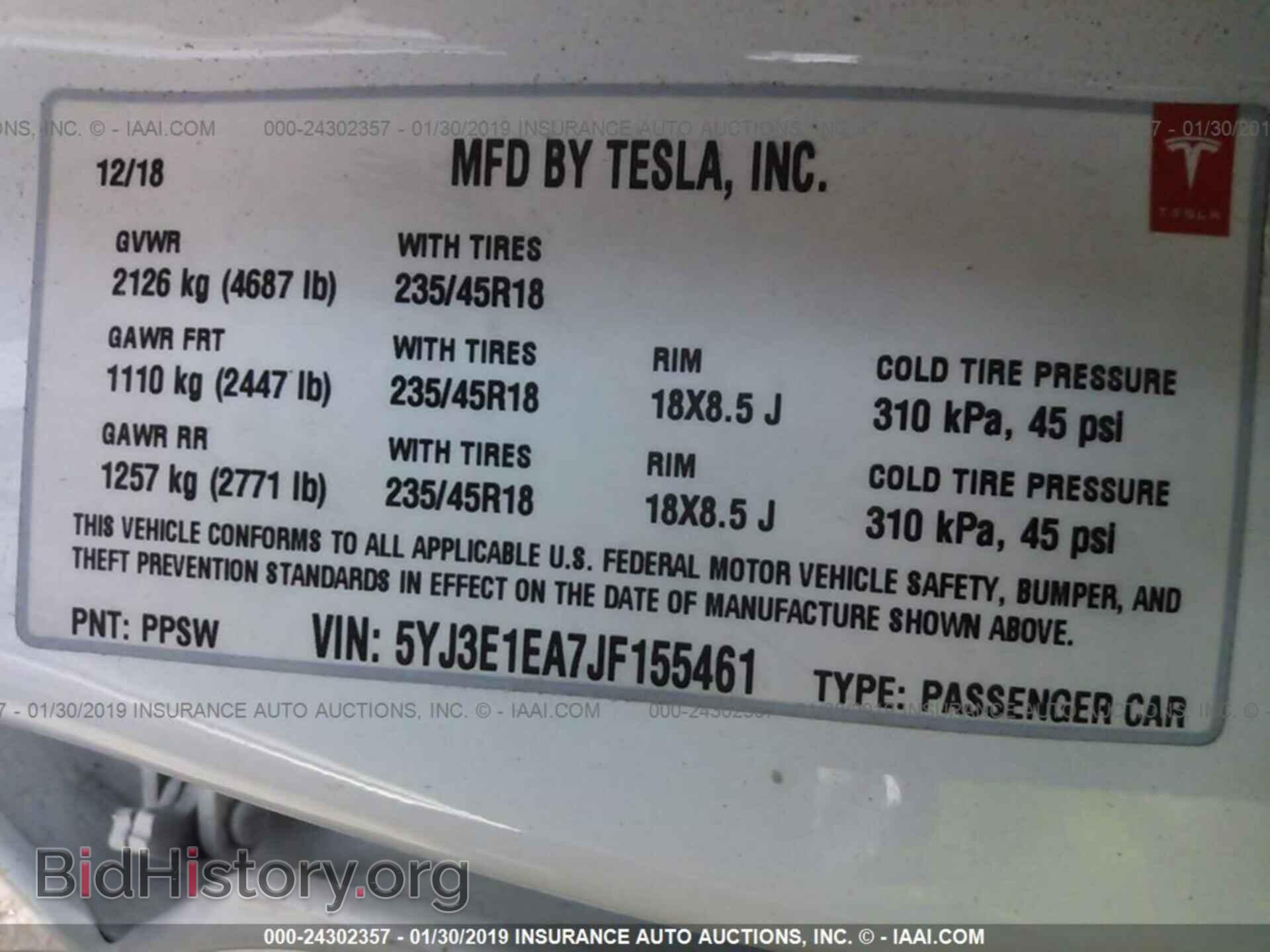 2018 TESLA MODEL 3 - VIN: 5YJ3E1EA7JF155461 - Фото 9